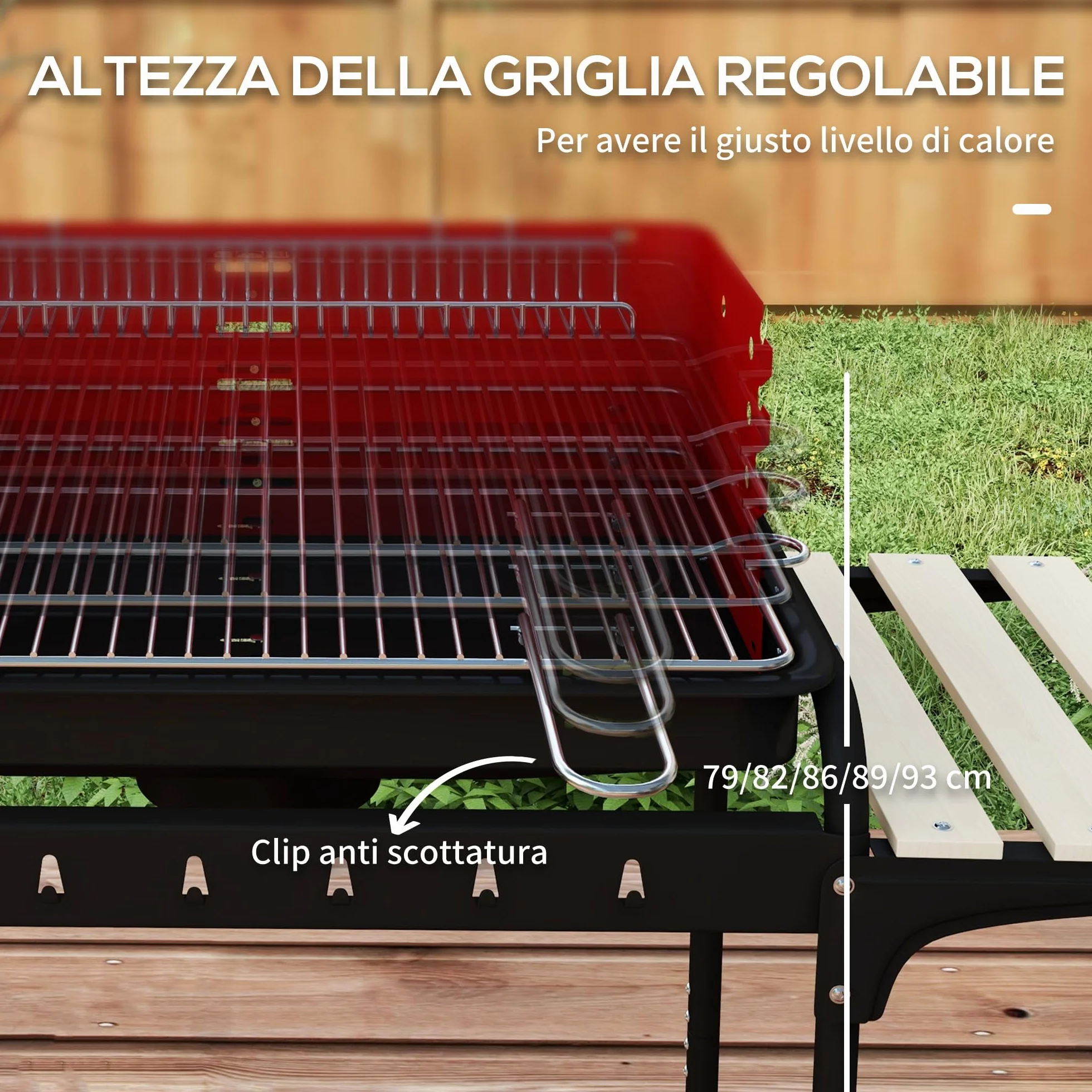 Outsunny Barbecue a Carbonella con Ruote, Griglia Regolabile, 3 Ripiani, 103x47x95 cm, Rosso
