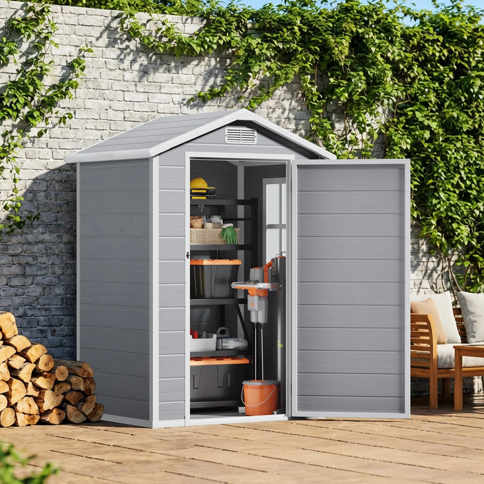 Casetta da Giardino in Resina 122x92x187 cm Capanno Porta Attrezzi con Finestra e Ventilazione Grigio