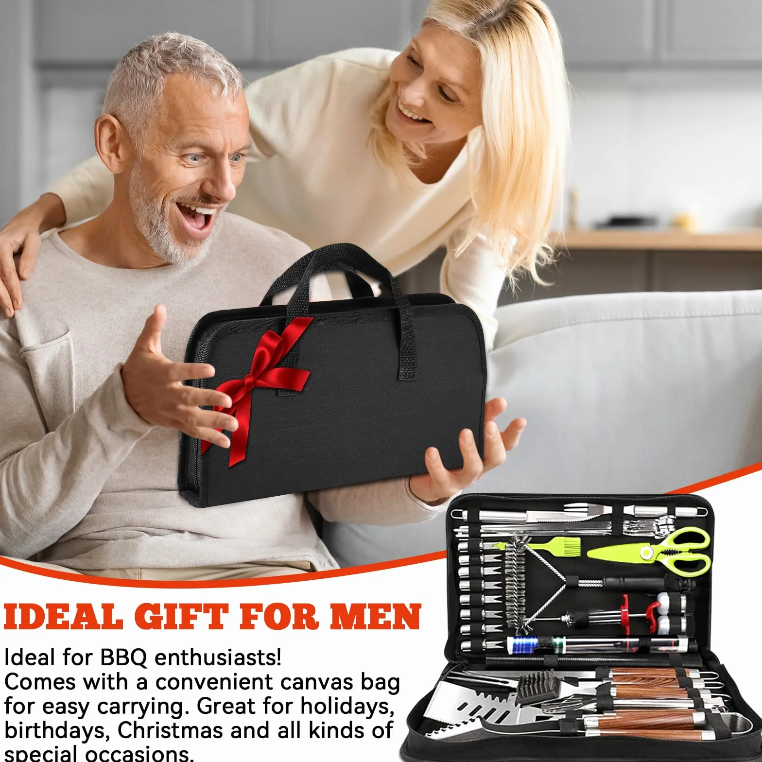Set Barbecue 34 Pezzi, Utensili da Barbecue in Acciaio Inox, Accessori da Grill, con Borsa di Archiviazione e Tappetini, Regalo per Uomini, per Campeggio e Feste all'Aperto
