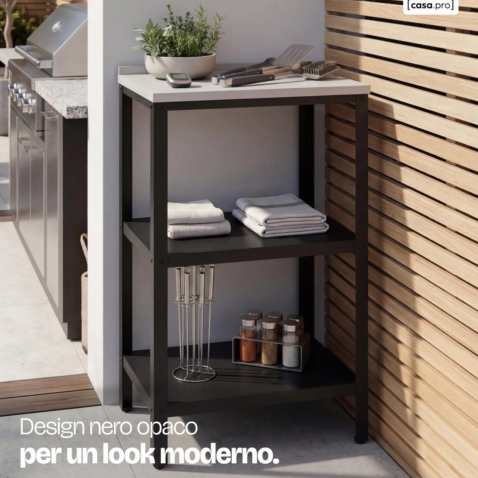 casa.pro Bancone da Giardino Scaffale da Esterno a 3 Ripiani 92 x 50 x 50 cm Mobile in Acciaio con Piedini Regolabili per Livellare - Argentato/Nero opaco