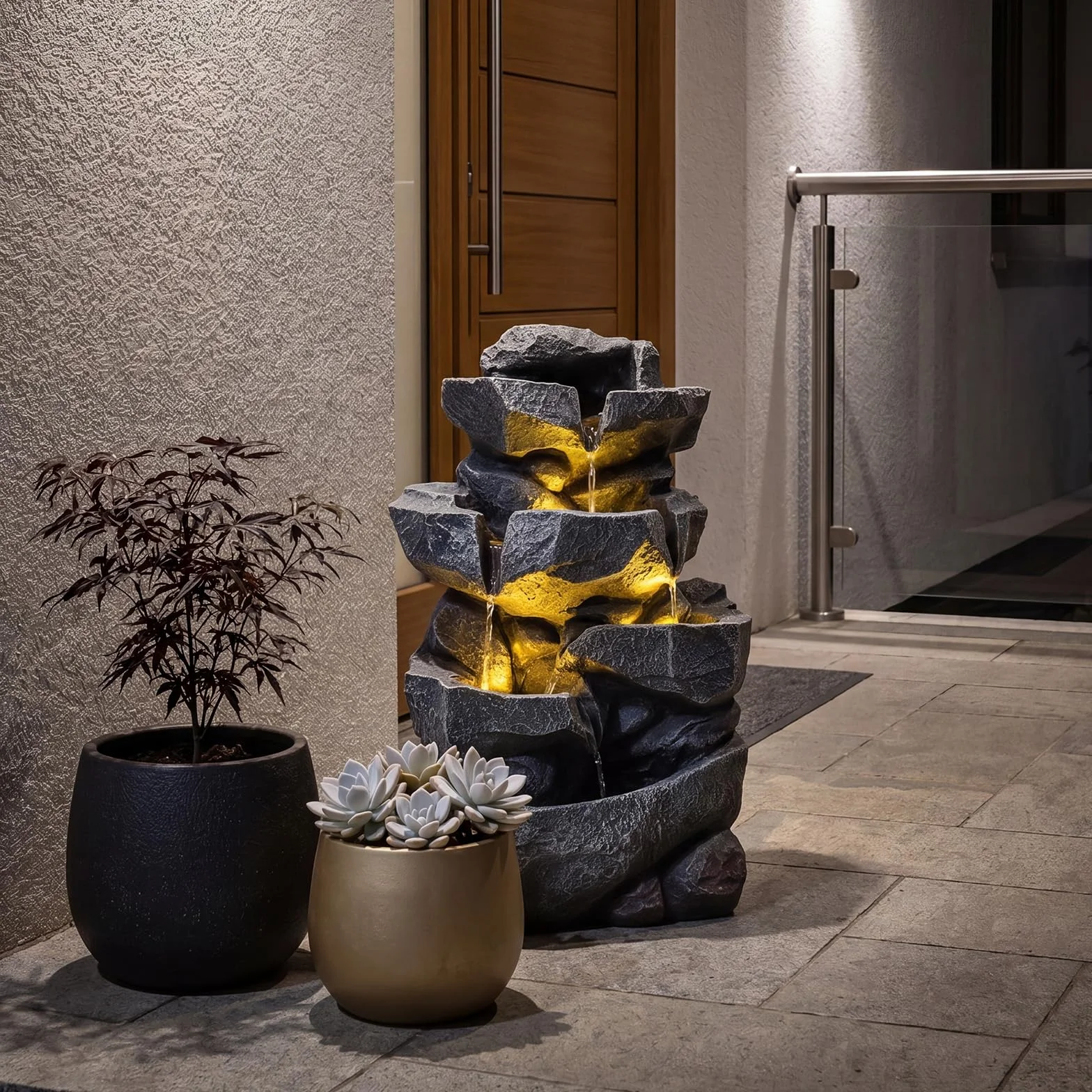 COSTWAY Fontana da Giardino a 5 Livelli, Fontana Cascata da Esterno con Luci e Flusso d'Acqua Regolabile, Fontanella Elettrica a Forma di Roccia con Effetto di Pietra da Terrazza e Balcone