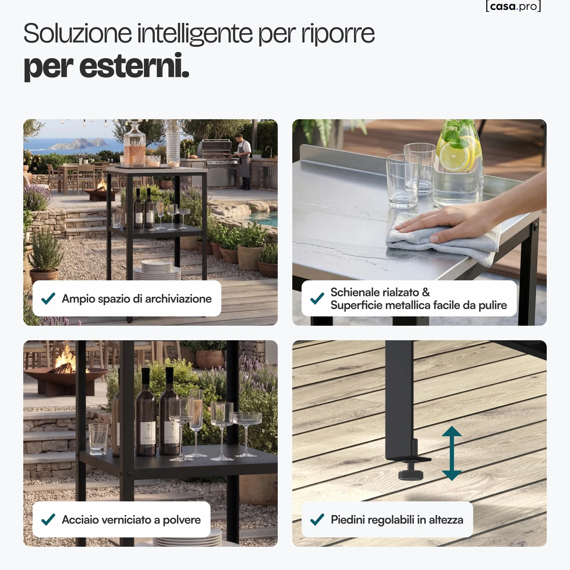 casa.pro Bancone da Giardino Scaffale da Esterno a 3 Ripiani 92 x 50 x 50 cm Mobile in Acciaio con Piedini Regolabili per Livellare - Argentato/Nero opaco