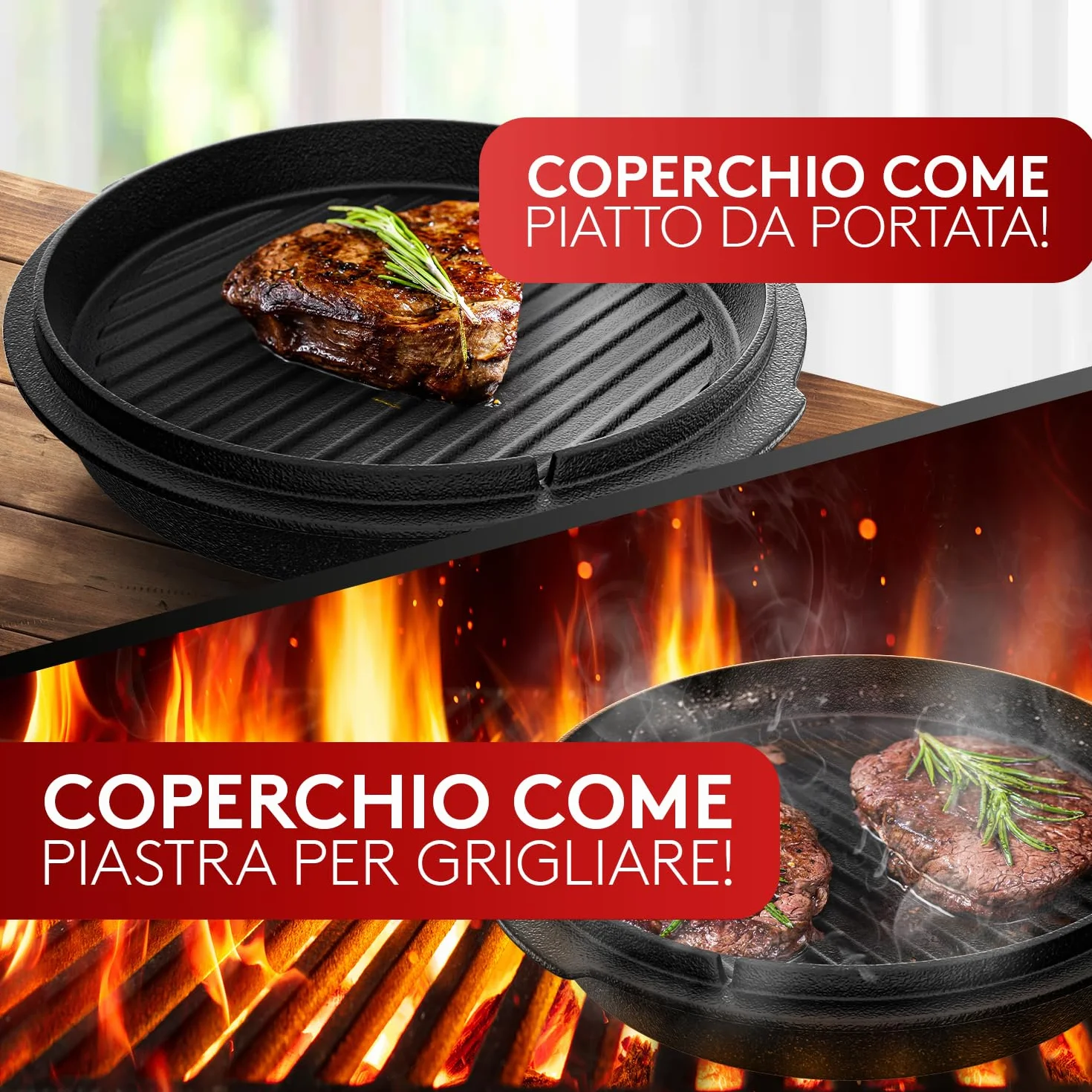 Taste of Fire [L'Originale] - Set Pentola Olandese in Ghisa da 7,4 Litri con Piedini & Coperchio da 1,8 Litri a Doppia Funzione Utilizzabile come Griglia – Include Solleva Coperchio