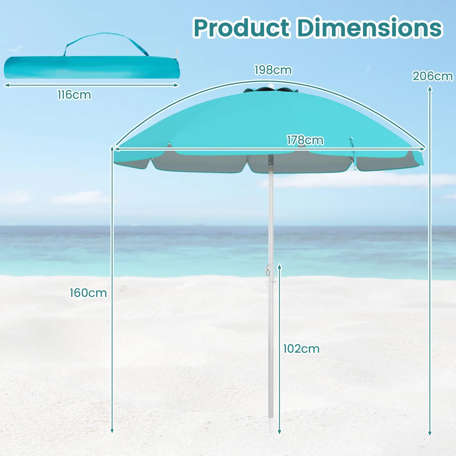 KOMFOTTEU Ombrellone da Spiaggia 200cm UV50+ Pieghevole Leggero con Borsa