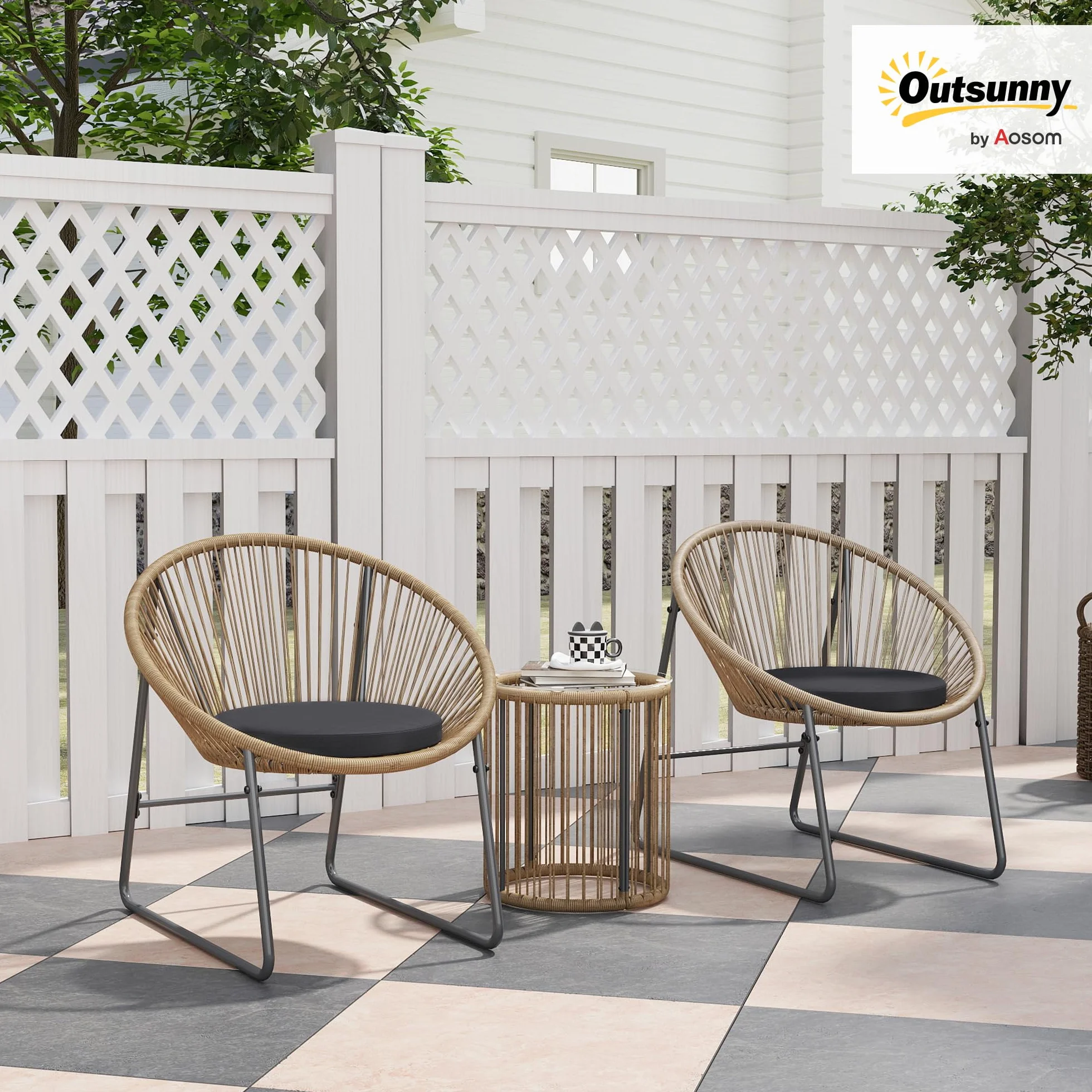 Outsunny Set da Giardino 3 Pezzi Rattan PE Acciaio, 2 Sedie Cuscini Lavabili Tavolino Caffè Vetro, Mobili Balcone Patio Cortile