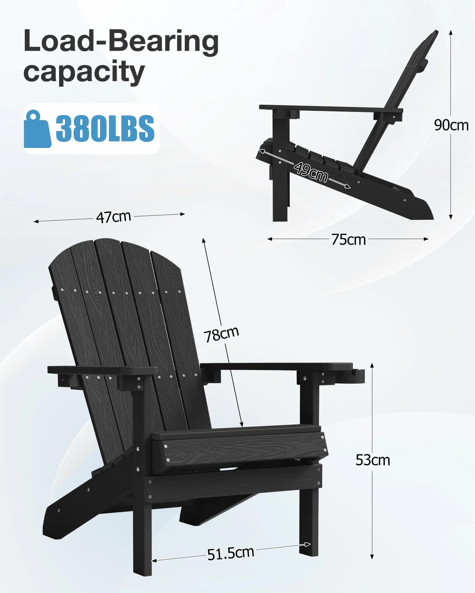 MXIMU Adirondack - Sedia da giardino per esterni, con schienale ergonomico e confortevole, resistente ai fianchi, con portabicchieri, per tutte le condizioni atmosferiche, per patio, braciere