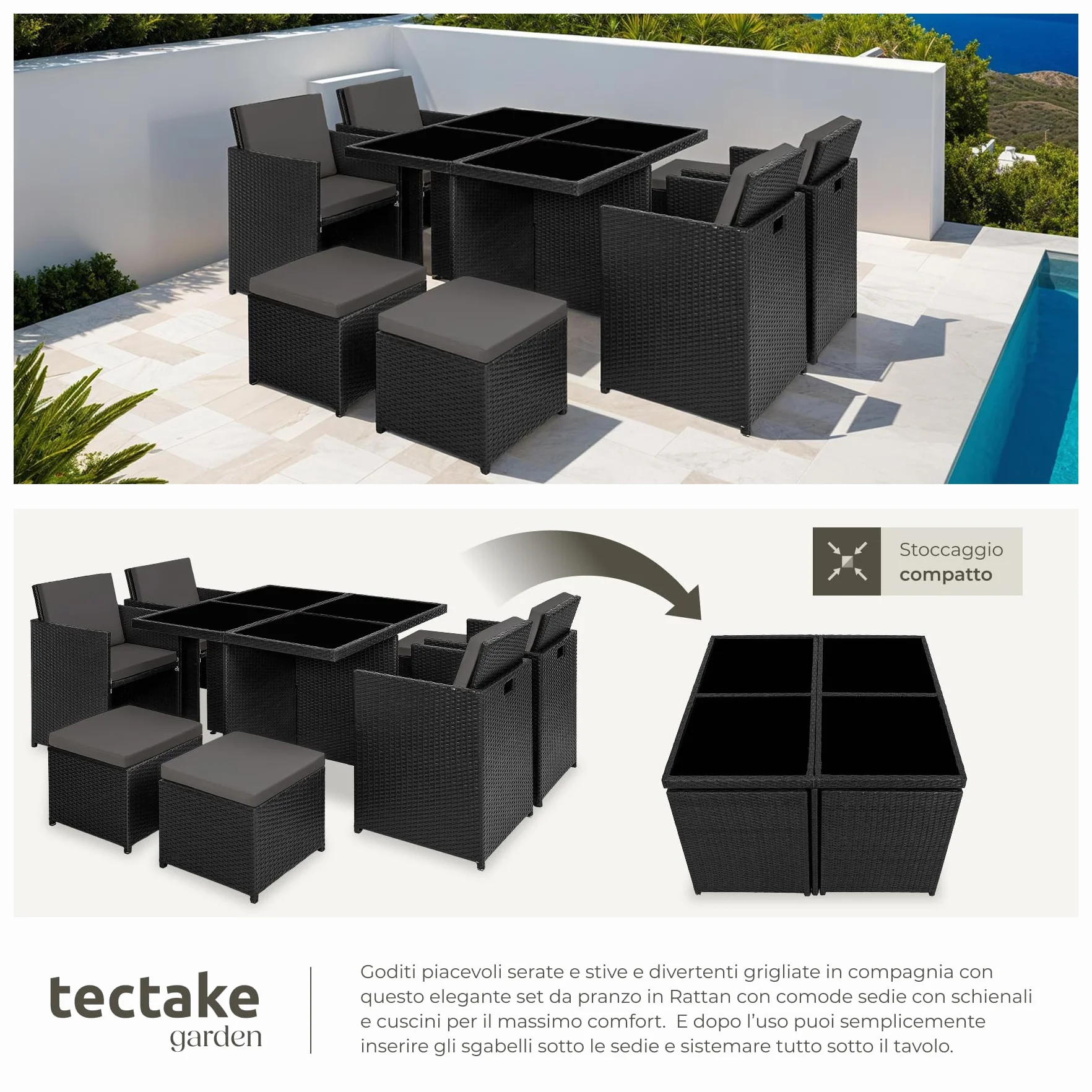 Tectake Set Mobili da Giardino Rattan Sintetico Alluminio 4 Sedie Tavolo 4 Sgabelli Involucro Protettivo Nero