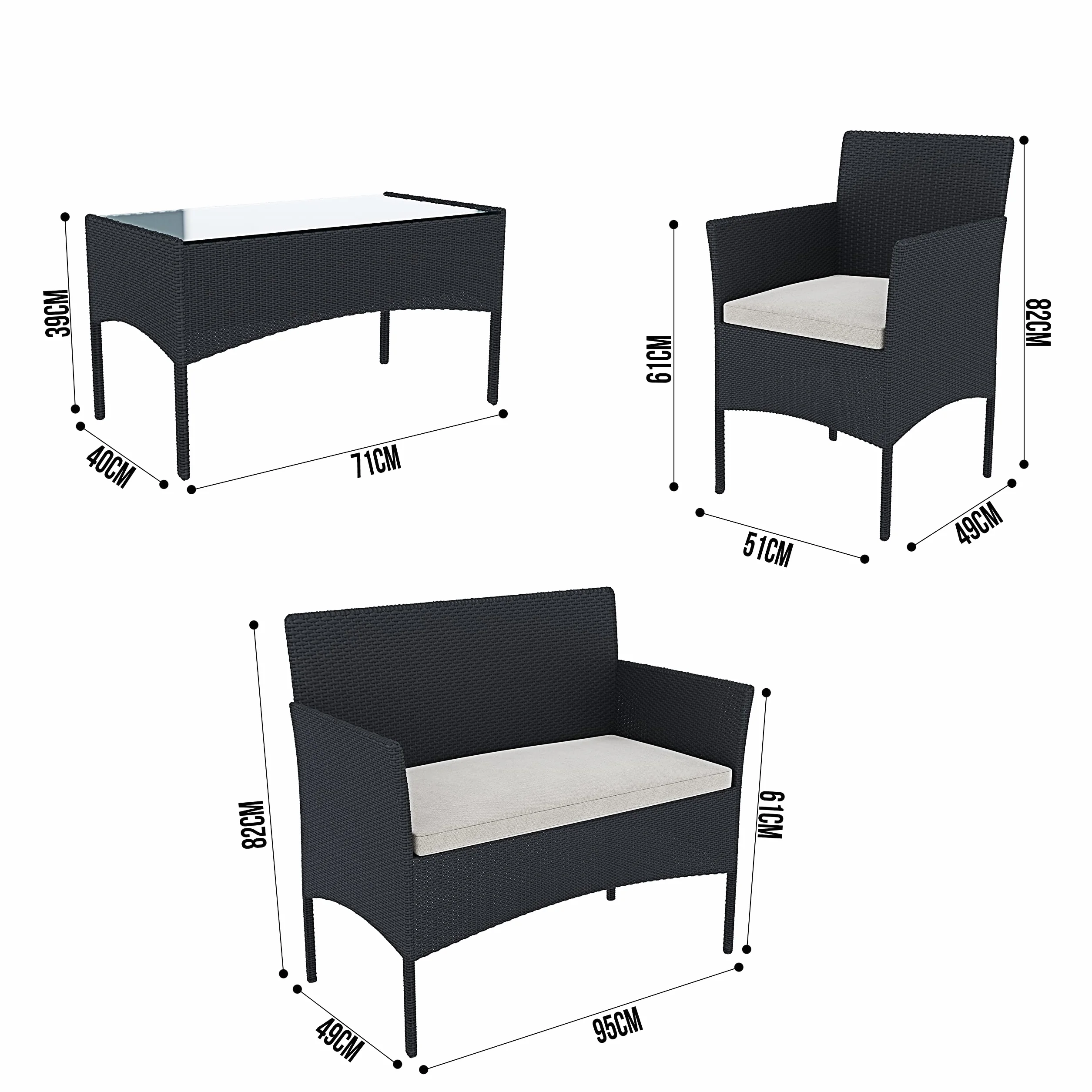 Arreditaly Set Di Mobili da Giardino in Rattan 4 Posti con Tavolino Vetro Cuscini Sfoderabili (Black)