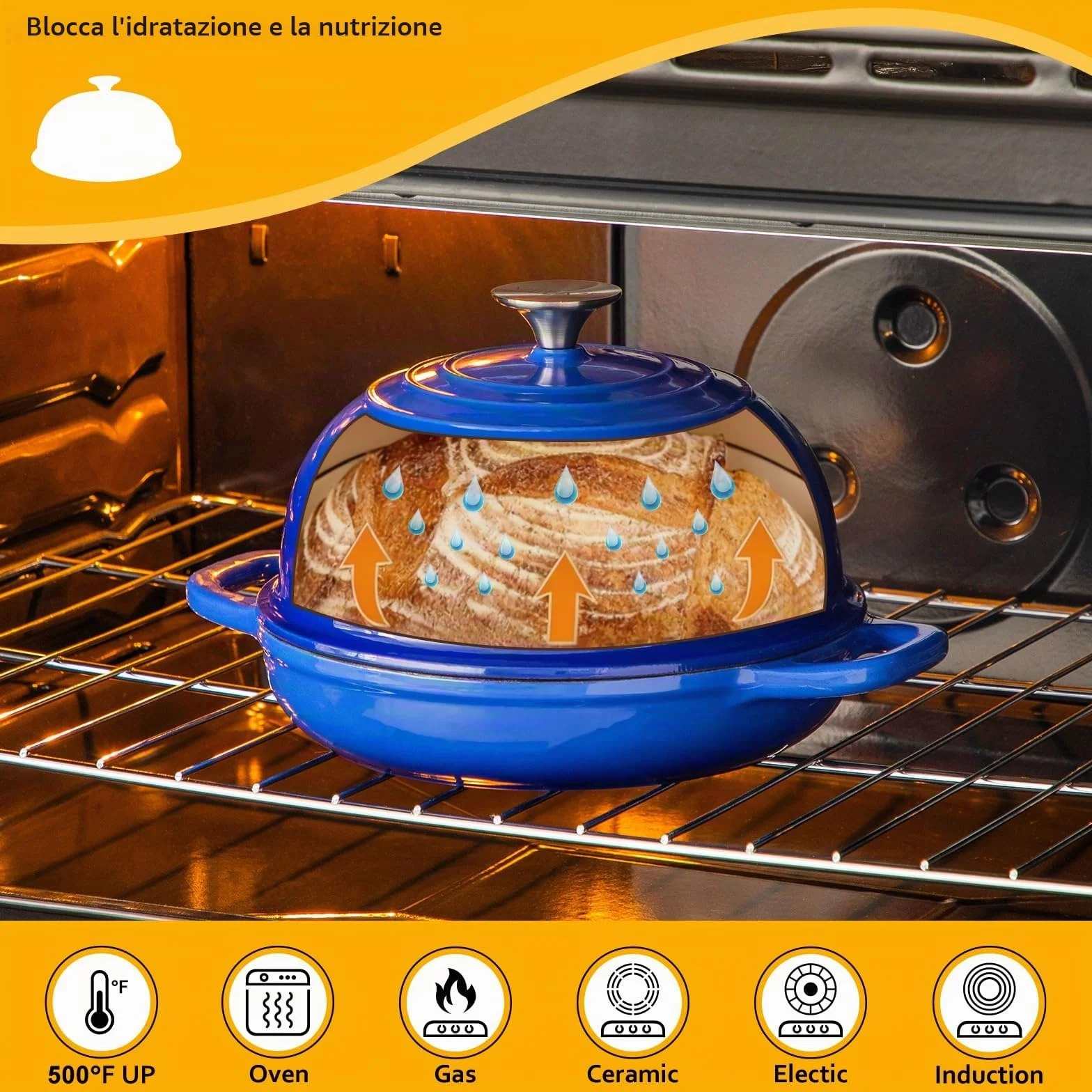 Velaze Pentola in Ghisa Smaltata 4.8L - Forno Olandese per Pane Rotondo Ø24cm con Coperchio Antiaderente, per Induzione (Blu)