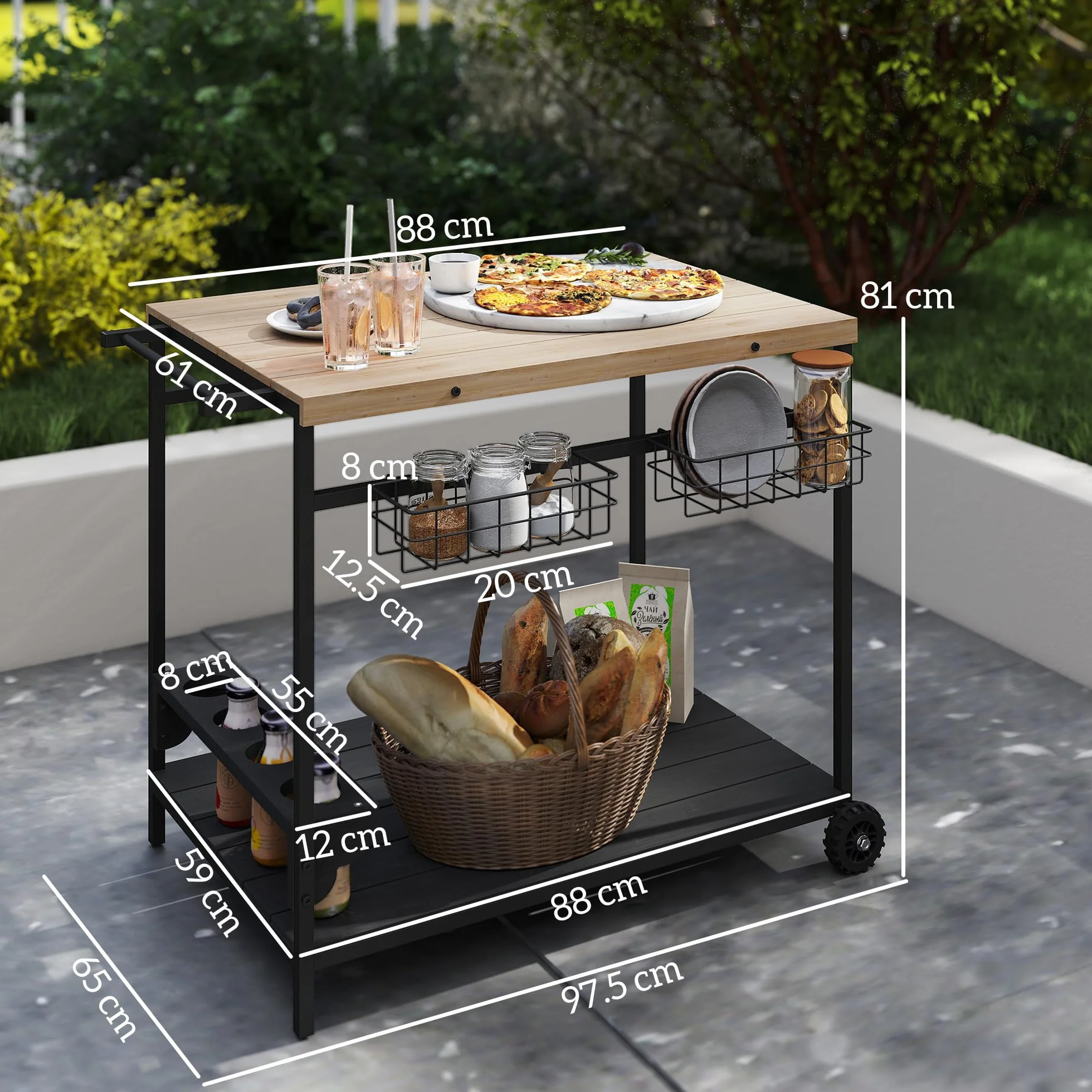 Outsunny Carrello da Giardino 2 Ripiani Legno Abete 97.5x65x81 cm Nero