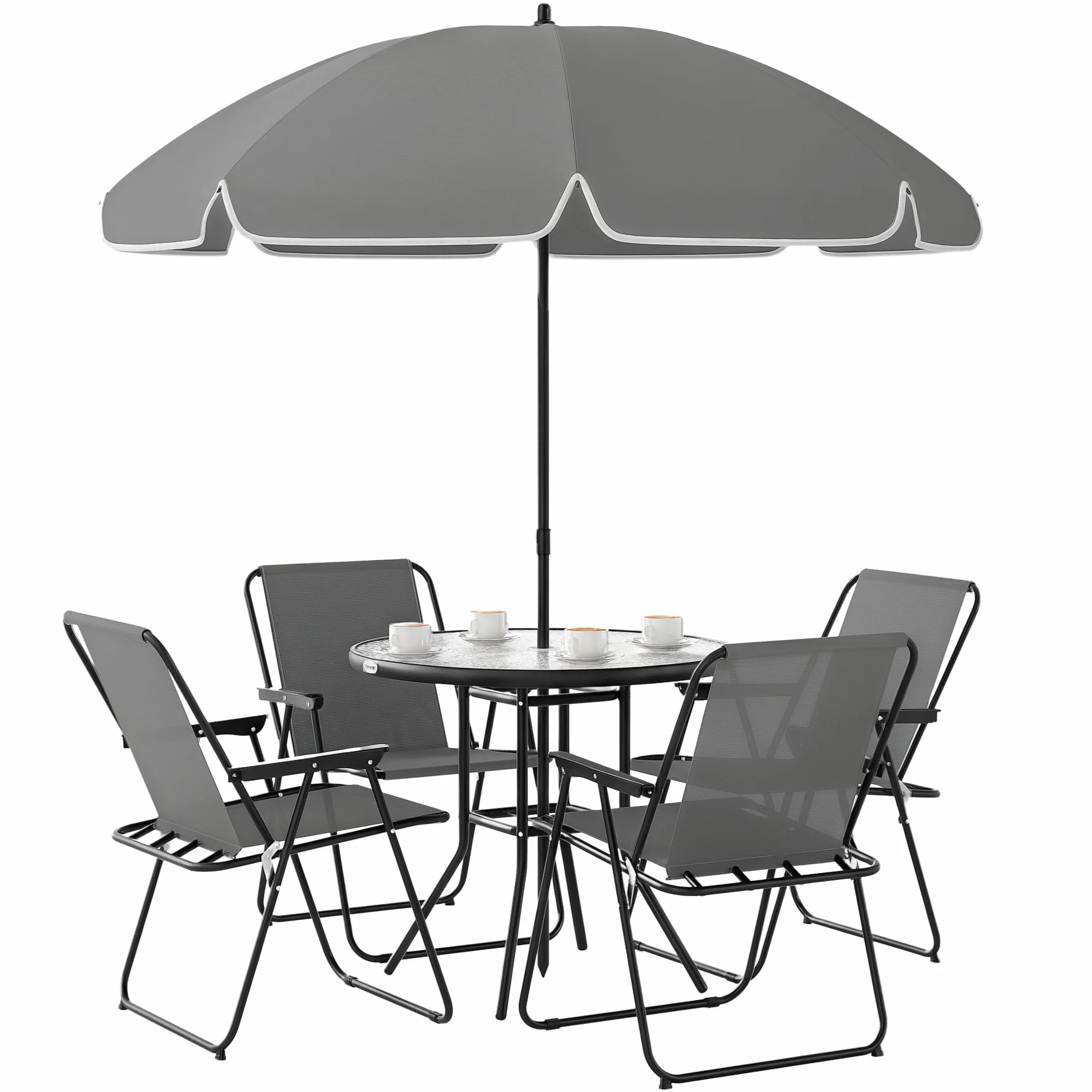 Outsunny zestaw 6-częściowy mebli ogrodowych: 4 krzesła składane, stół szklany, parasol, patio, taras, szary