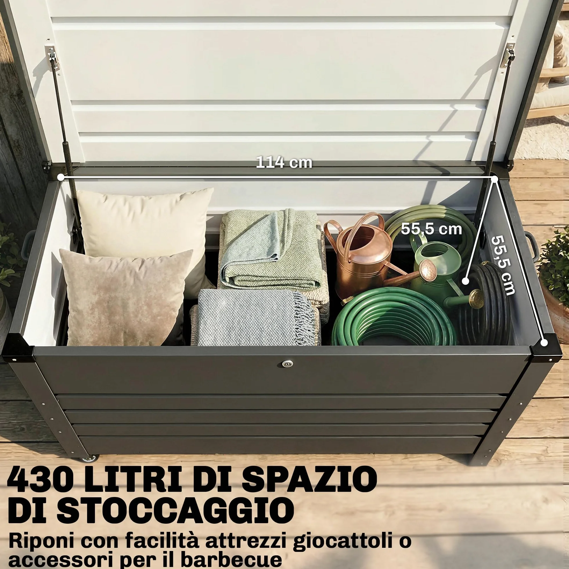 Outsunny Baule da Esterno 350L Acciaio Rinforzato con Coperchio Bloccabile, Pistoni a Gas, Ruote, Grigio