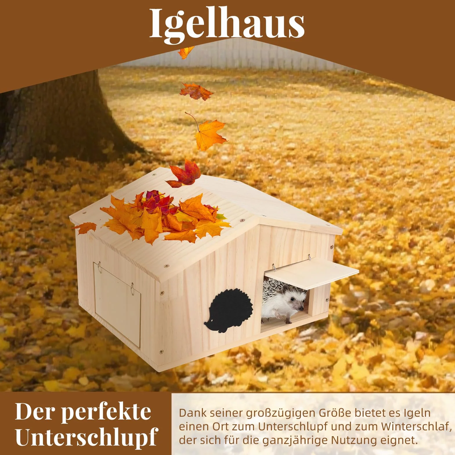 Casetta per ricci in legno con patta in rattan e fondo, resistente all'inverno, con ingresso labirinto e tetto inclinato, casa per riccio a prova di gatti, per giardino, cortile, esterno