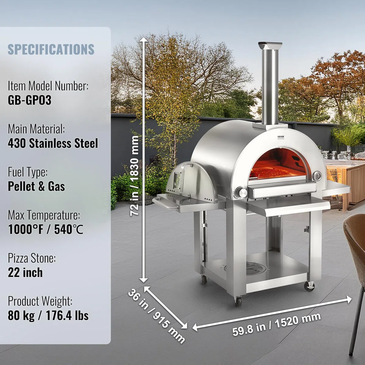 VEVOR Forno per pizza a doppio combustibile 22" portatile esterno pellet gas con pietra cordierite