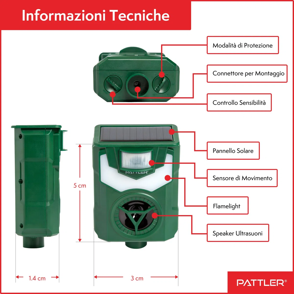 PATTLER Repellente Ultrasuoni Solare per Gatti e Animali - Efficace Dissuasore per Gatti, Piccioni e Altri Animali - Ideale per Fattorie, Giardini e Cortili