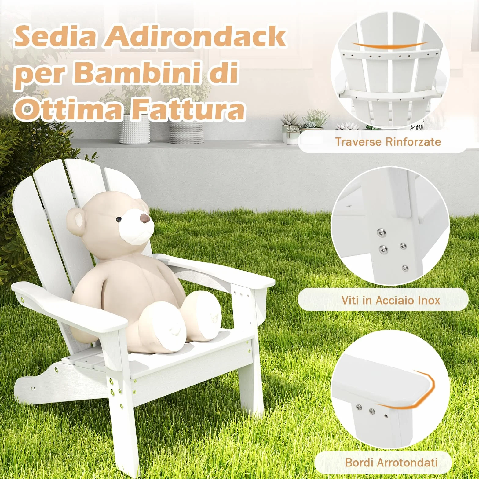 RELAX4LIFE Sedia Adirondack per Bambini con Schienale Alto e Braccioli per Interno ed Esterno, Sedia da Patio in HDPE Resistente per Bambini da 3 a 8 Anni per Giardino, Prato, Cortile (Bianco)
