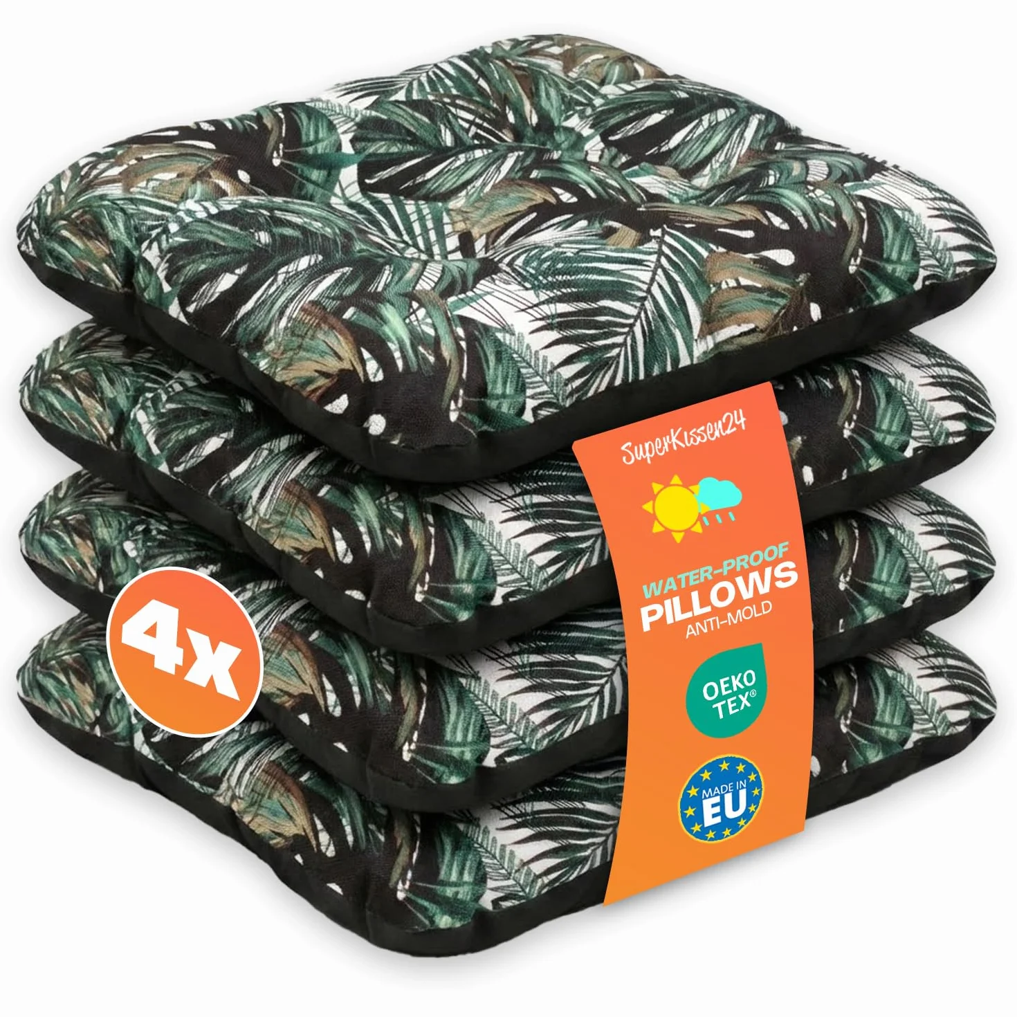 SuperKissen24. Set di 4 Cuscini per Sedie - Cuscino 45x45 cm da Esterno ed Interno Comoda Seduta Impermeabile per Mobili e Arredamento da Giardino, per Pavimento - Exotic
