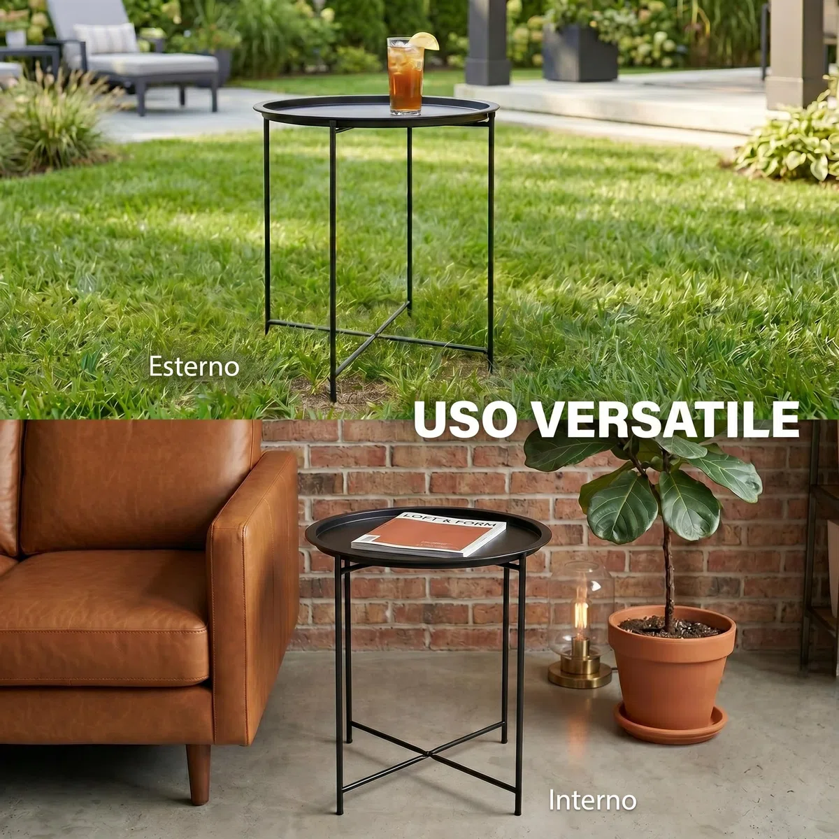 Outsunny Tavolo da Giardino Rotondo in Acciaio Ø46 cm con Vassoio Rimovibile e Gambe Pieghevoli Nero