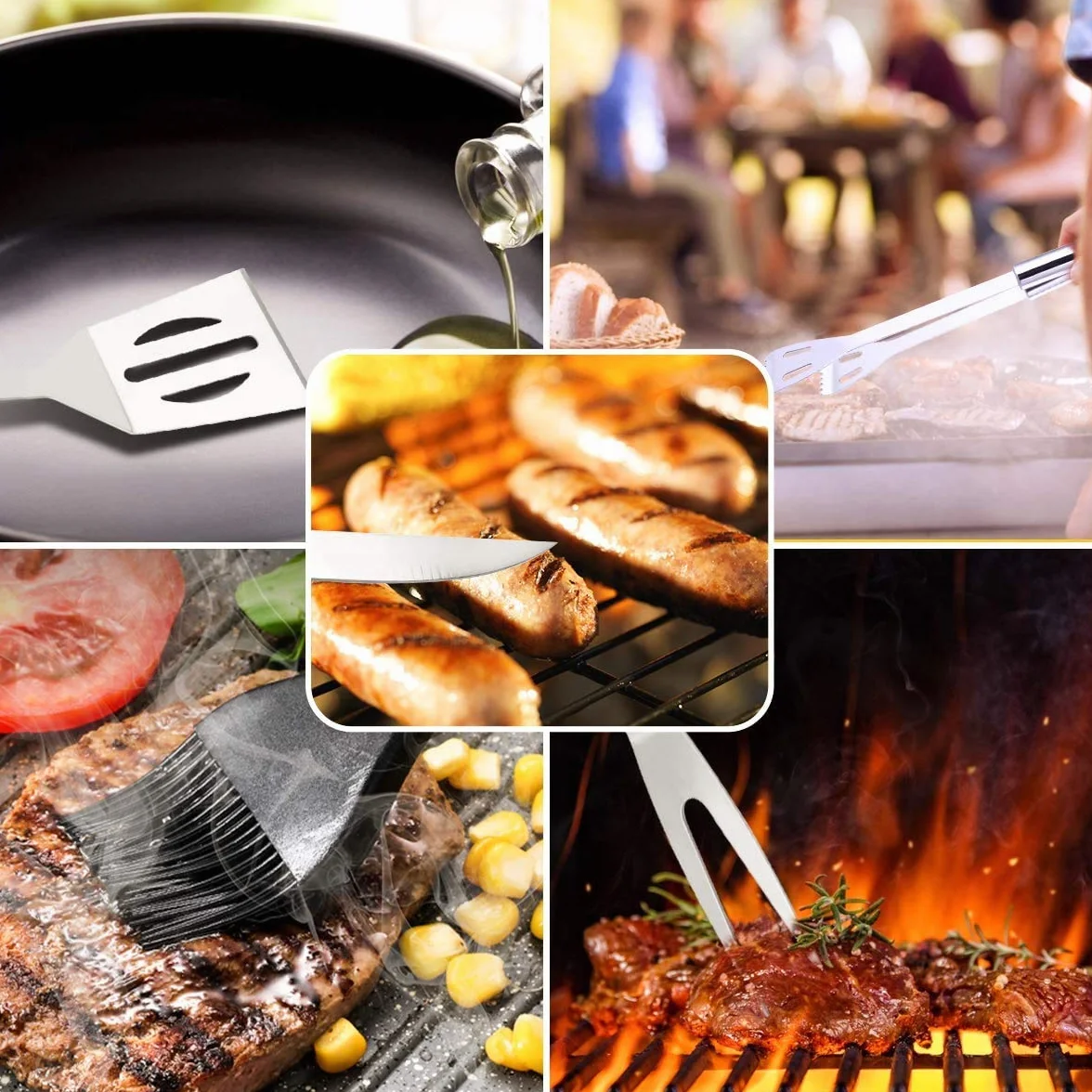 Set 9 pezzi Utensili barbecue+Guanti da Barbecue,Acciaio Inox Set Di Attrezzi,Guanti da forno Doppio Resistente al Calore - 1472 ° F / 800 ° C,per Barbecue, Grigliate, Cottura al forno, Camino