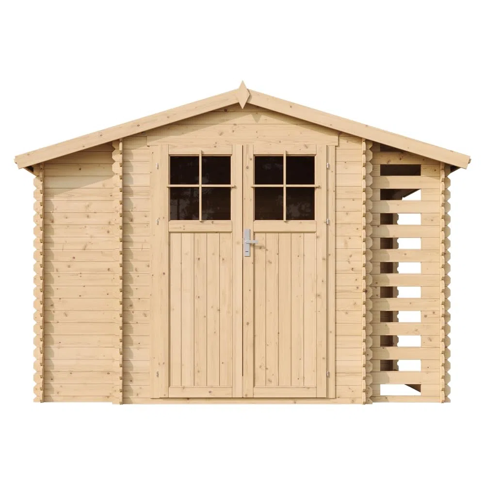TIMBELA M389F+M389G Casetta da Giardino in Legno per Esterni con legnaia CON PAVIMENTO TRATTATO- L206xL328xA218 cm/ 3,53 + 0,97+0,97 m2 - Piccola Casetta in Legno, Rimessa Attrezzi, Deposito Bici