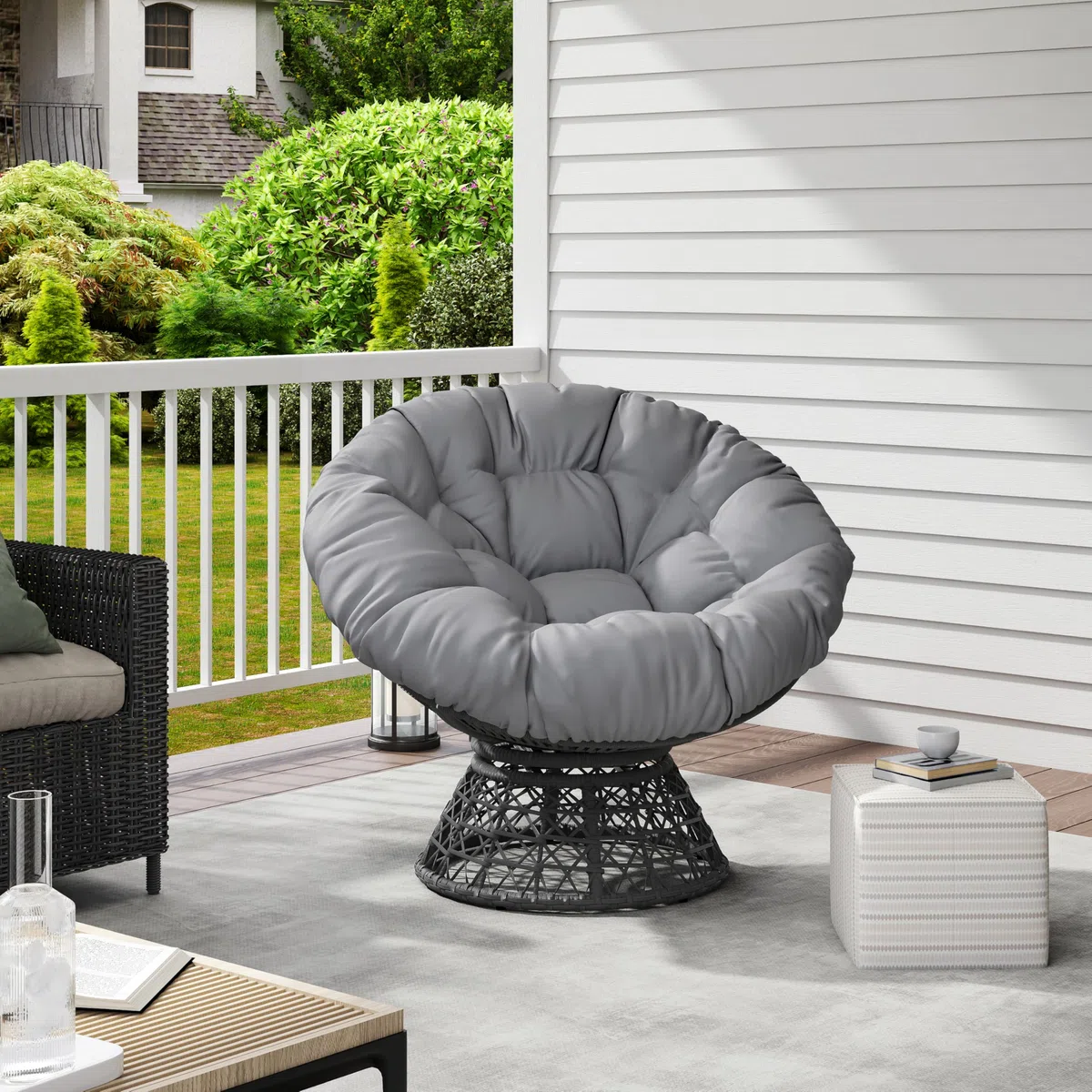 Yaheetech Poltrona da Giardino Girevole 360° Rattan Sedia a Dondolo Rotonda Papasan Cuscino Diametro 120 cm Nero Grigio