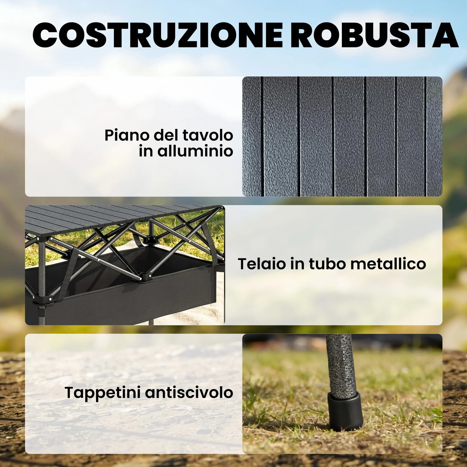 Outsunny Tavolo da Picnic Pieghevole 93cm con Rete Portaoggetti e Borsa, Struttura in Metallo, Nero