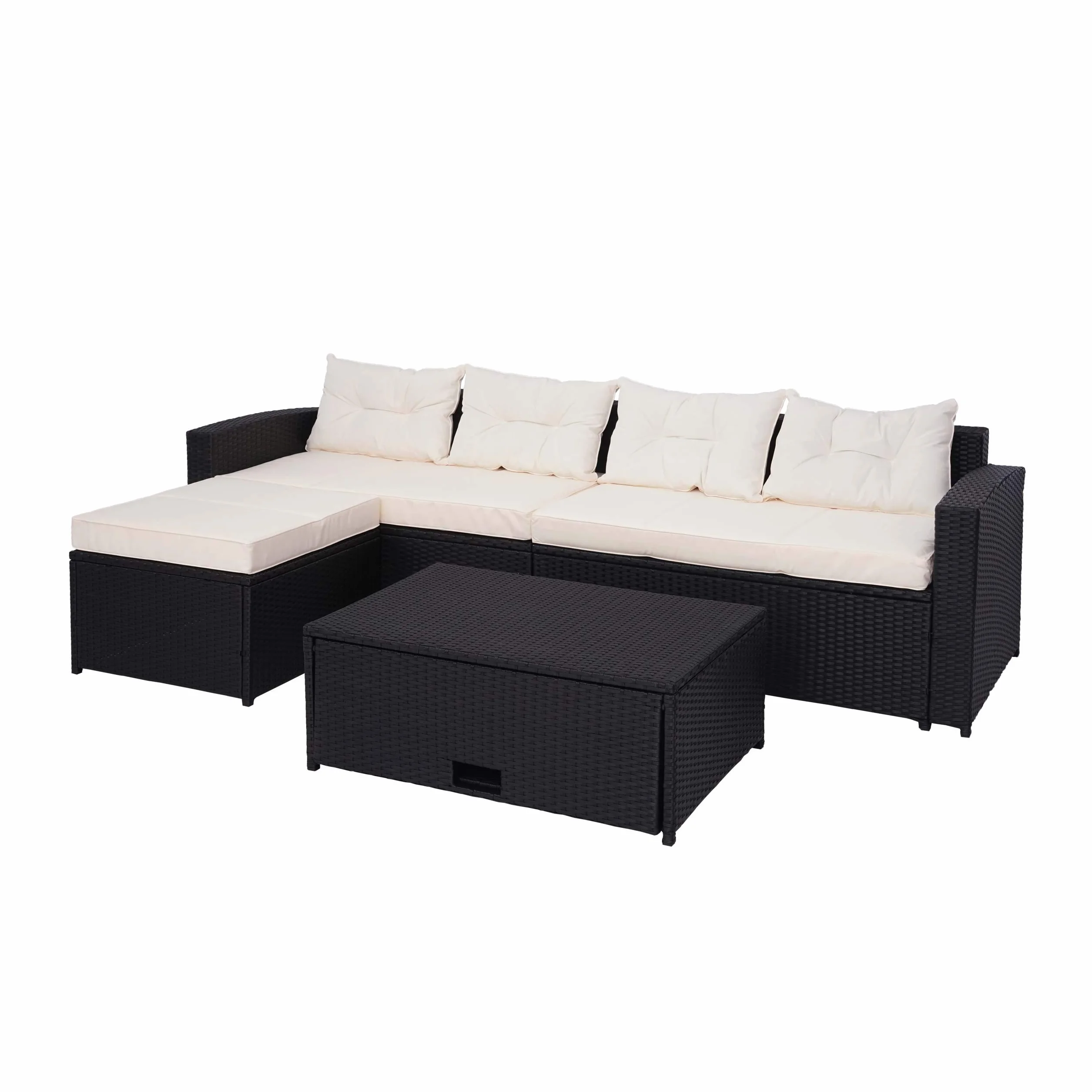 Mendler Set salotto giardino esterno salottino HWC-J34 polyrattan nero con cuscini avorio beige