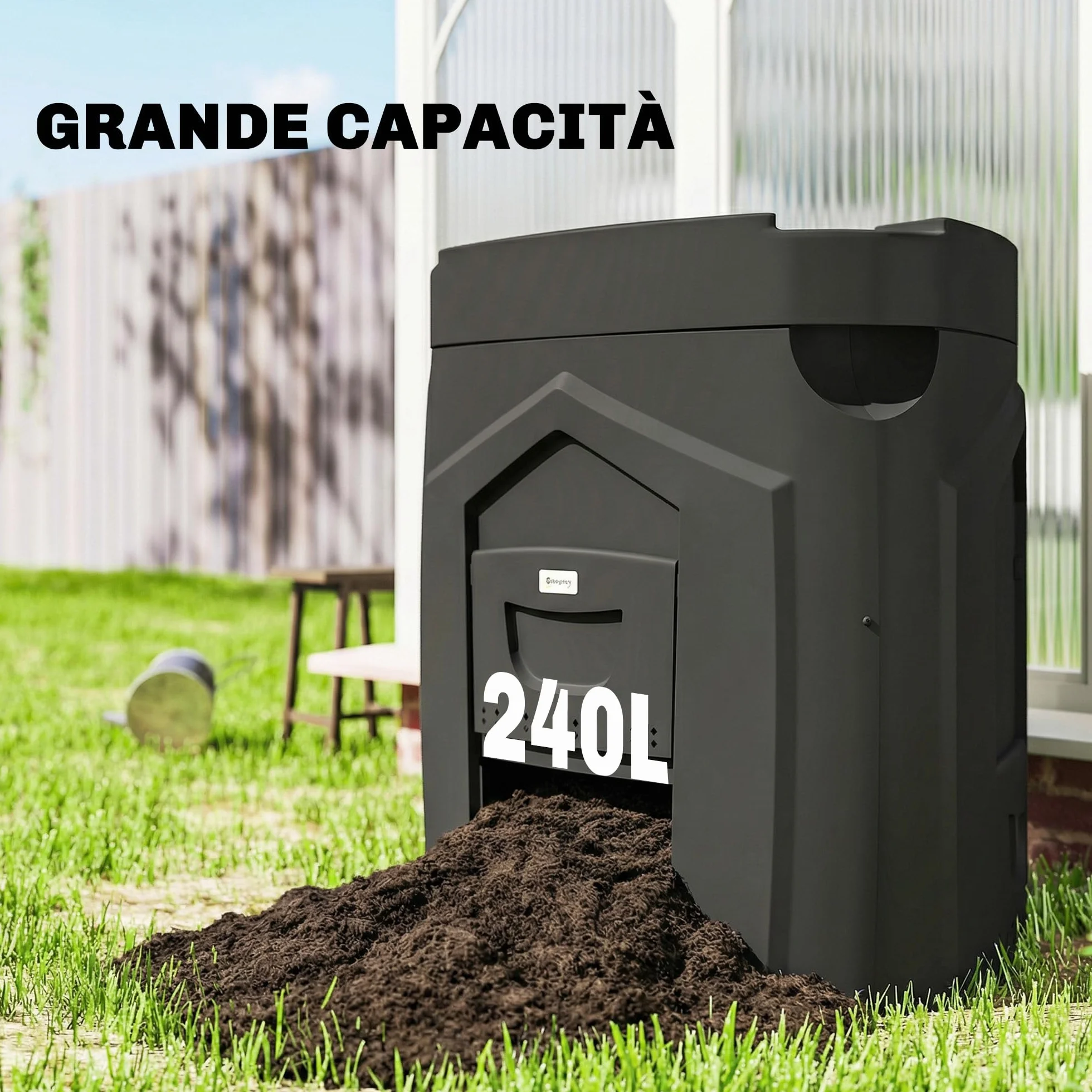 Outsunny Compostiera da Giardino 240L Triangolare Girevole con 66 Prese d'Aria e 3 Porte, 78x75x78 cm, Nero
