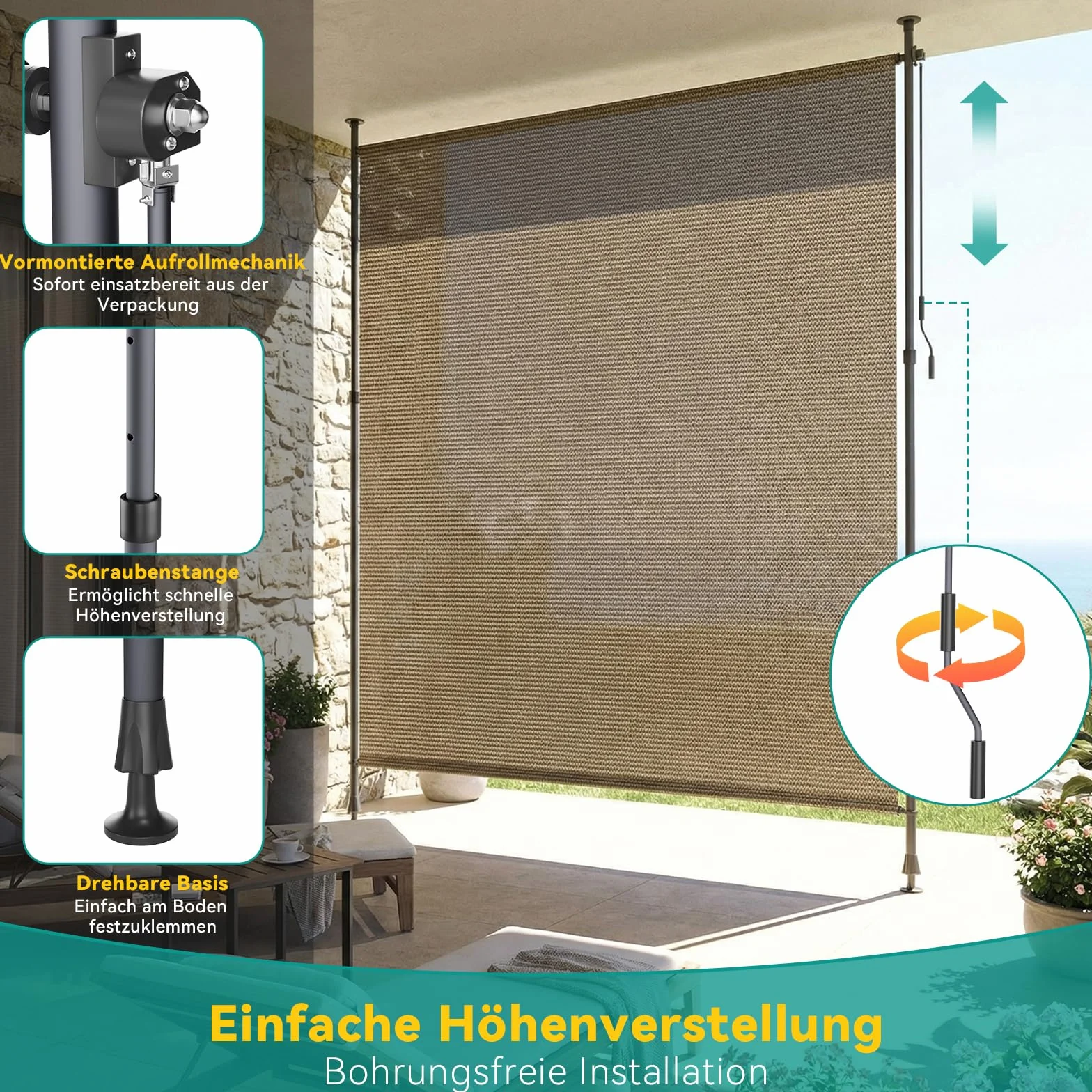 LIFERUN Tenda Verticale HDPE 200×310 cm Marrone, Tenda a Pinza Estensibile Senza Forare, Protezione Solare UV, Antivento, per Balcone Giardino Terrazza