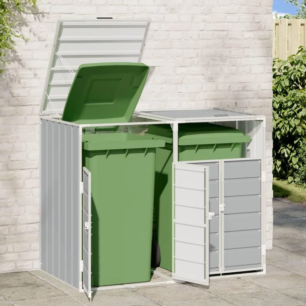 vidaXL Copribidone con Ruote per 2 Bidoni Grigio 144x81x113 cm Acciaio, copribidone singolo con ruote, copribidone da giardino, copertura per cassonetti