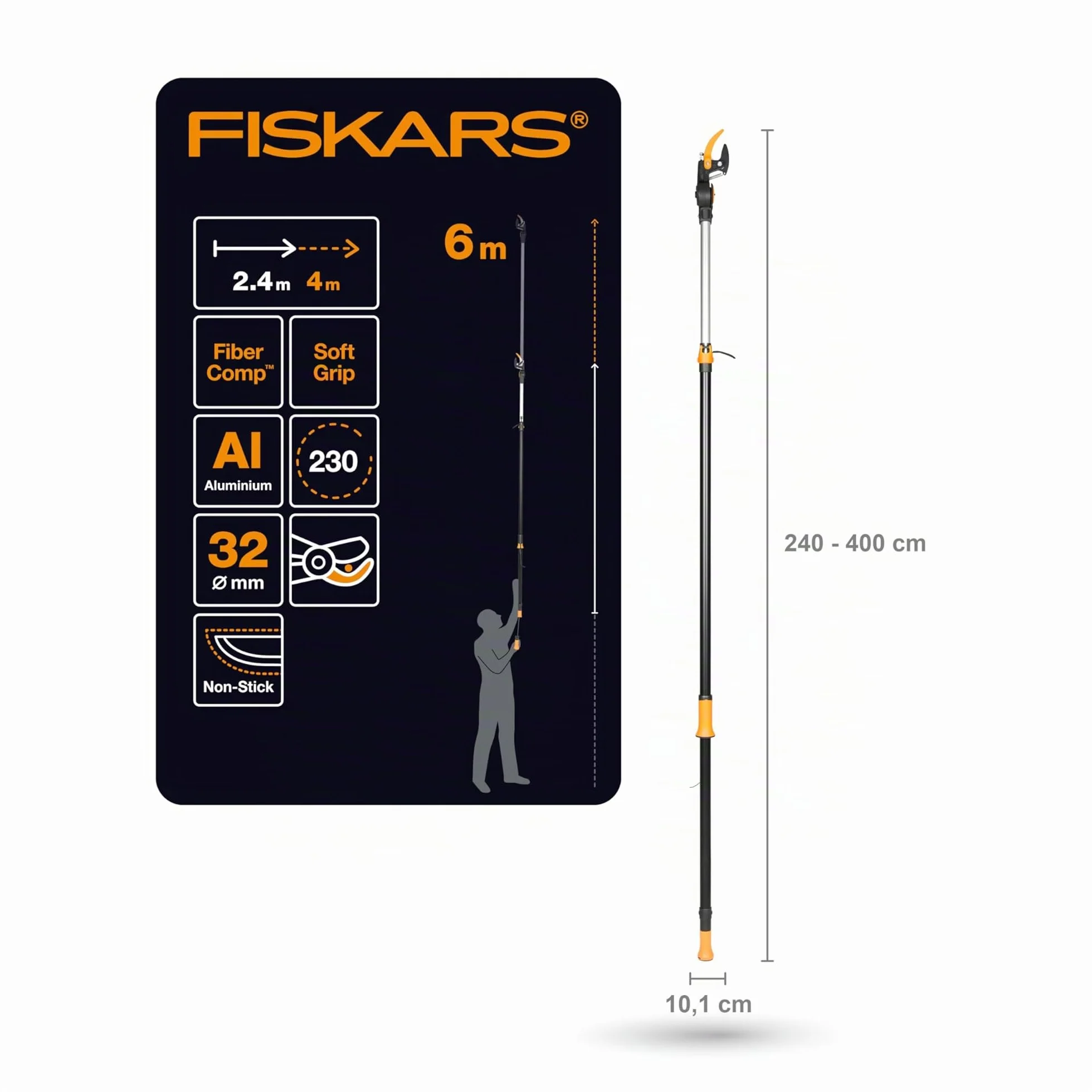 Fiskars Svettatoio Telescopico per Rami e Ramoscelli Freschi UPX86, con Guida di Taglio, Nero/Arancione, 10.1 x 7.4 x 230.3 cm, 1023624