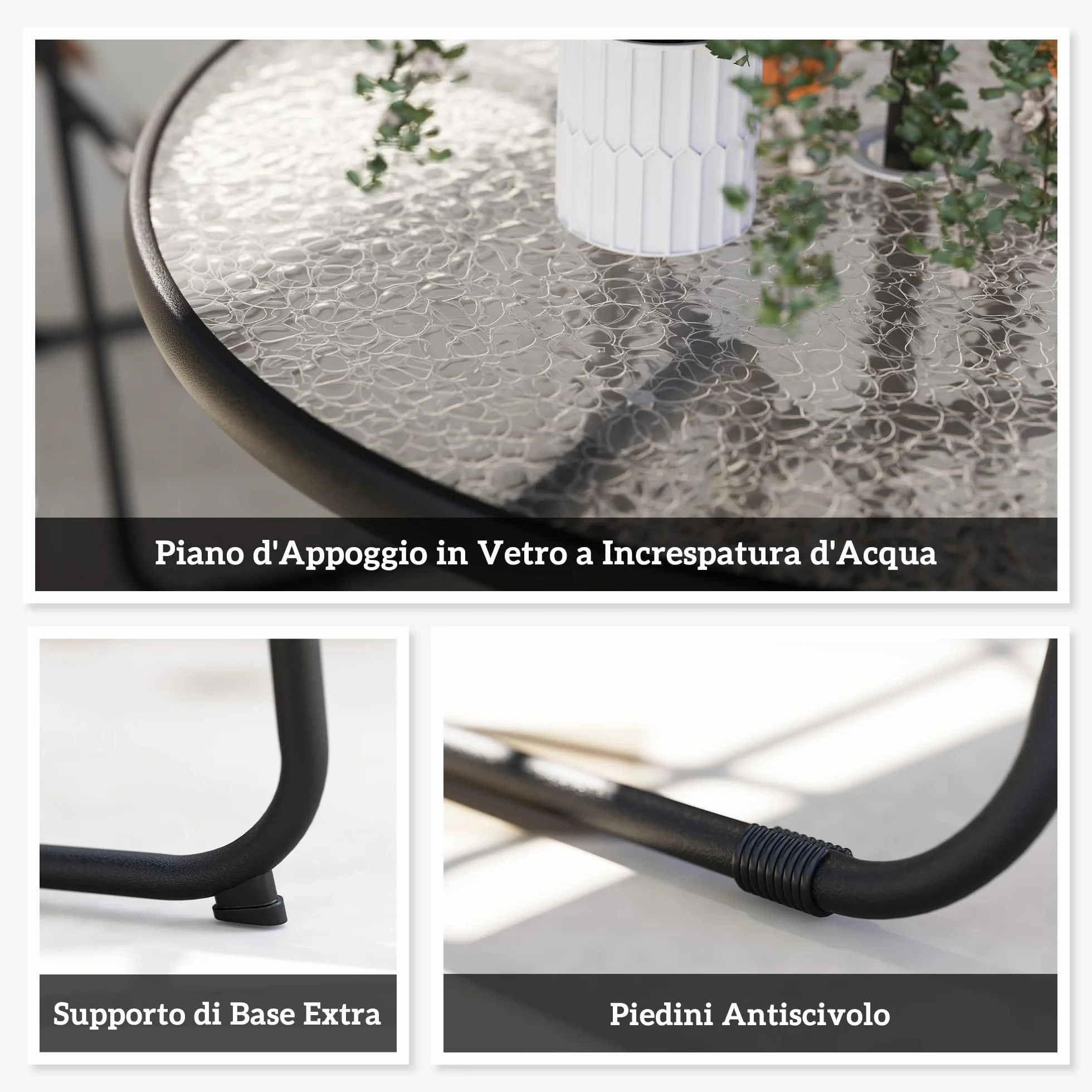 Outsunny Set Tavolo e Sedie da Giardino 6 Pezzi Acciaio Ombrellone, Mobili 4 Sedie Pieghevoli Textilene Tavolo Rotondo Vetro, Esterno Patio Terrazzo Crema