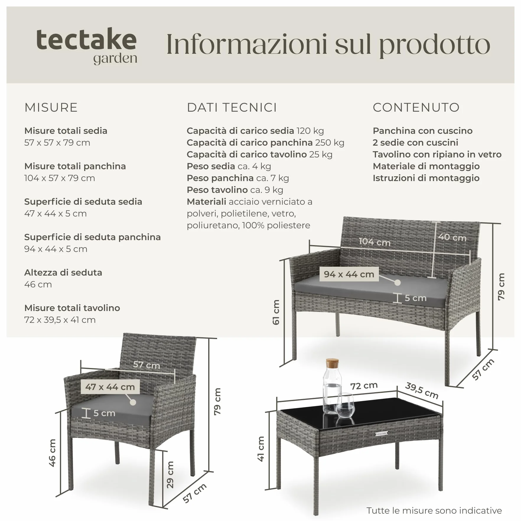 Tectake Set da Giardino in Rattan 4 Posti Polyrattan Resistente Cuscini Idrorepellenti Lavabili Tavolino Vetro di Sicurezza Grigio