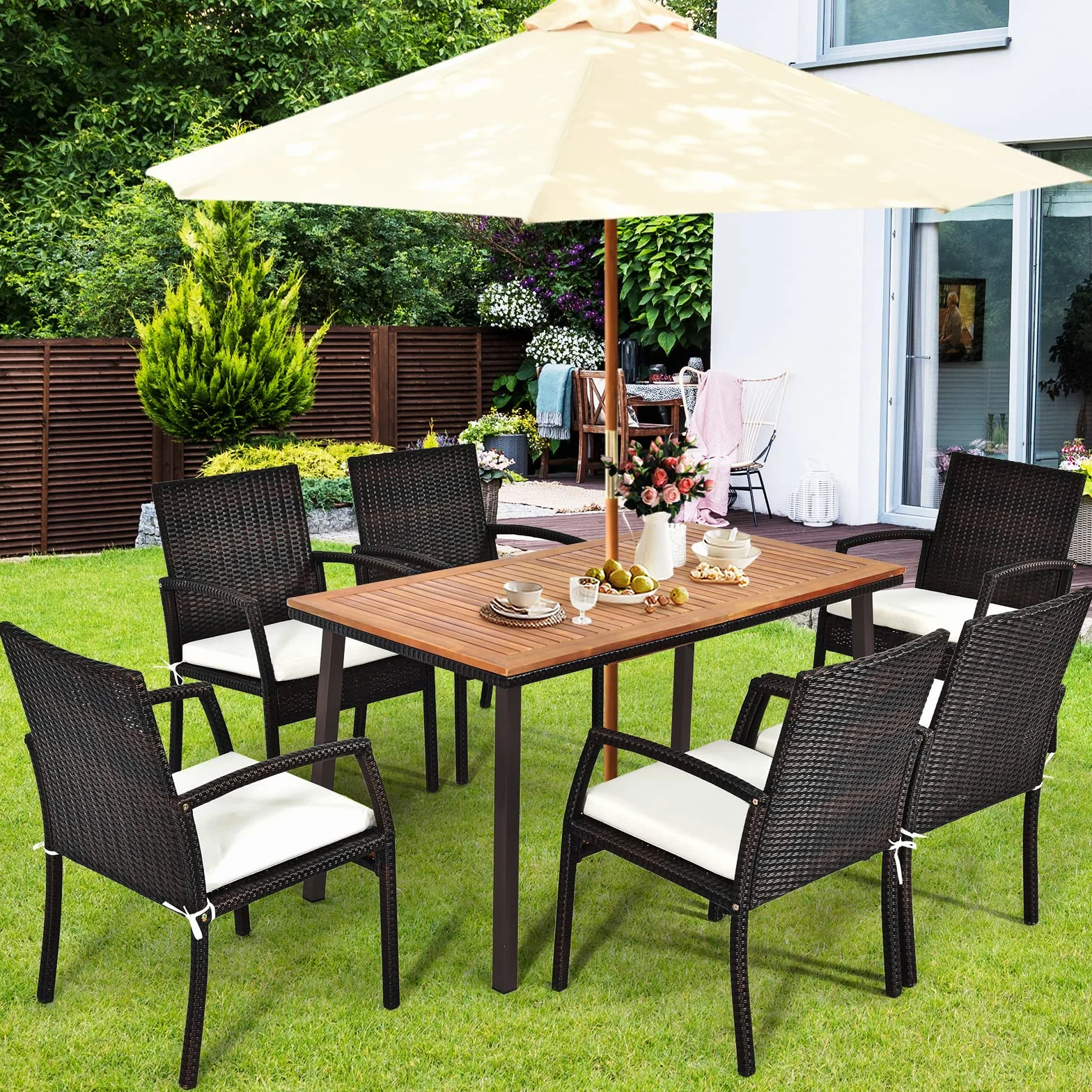 KOMFOTTEU Tavolo da Giardino Rettangolare con Foro per Ombrellone, Tavolo da Esterno in Legno di Acacia, Tavolo da Pranzo con Gambe in Metallo per 6-8 Persone, 140 x 75 x 76 cm