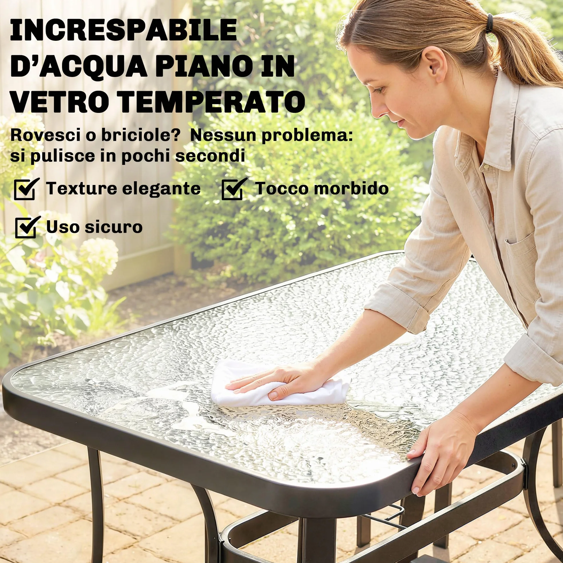 Outsunny Set Tavolo e Sedie da Giardino 5 Pezzi, Set Pranzo Esterno con 4 Sedie Impilabili Texteline, Tavolo Vetro Temperato, Foro Ombrellone, Acciaio, Grigio Chiaro
