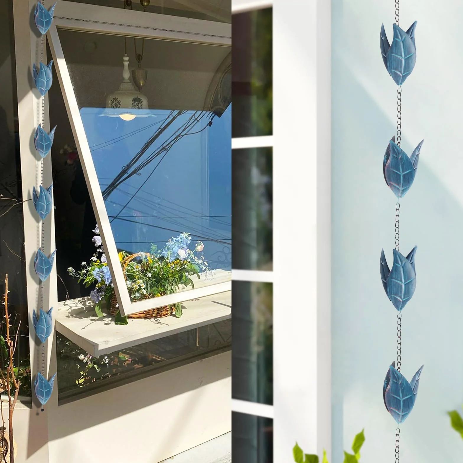 Catena della Pioggia del Metallo 2.6m, Catena Di Drenaggio Della Catena a Forma di Foglia Blu, deviatore per acqua piovana per esterni, Decorazione Giardino e all'aperto per grondaie, Eaves Drainage