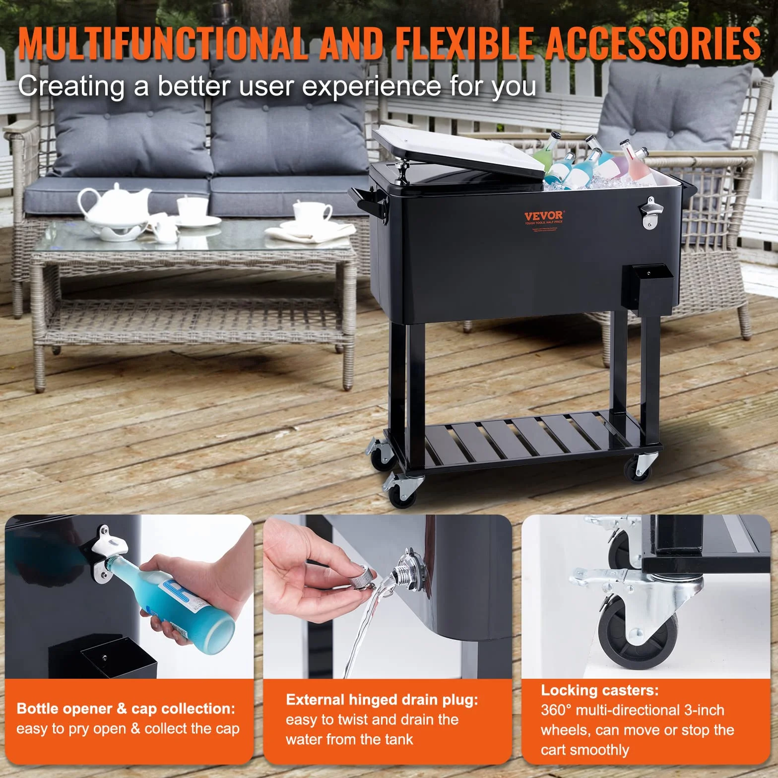 VEVOR Carrello Mobile Bar Mini Frigo Isotermico 80QT per Bevande con Apribottiglie per Feste Esterno