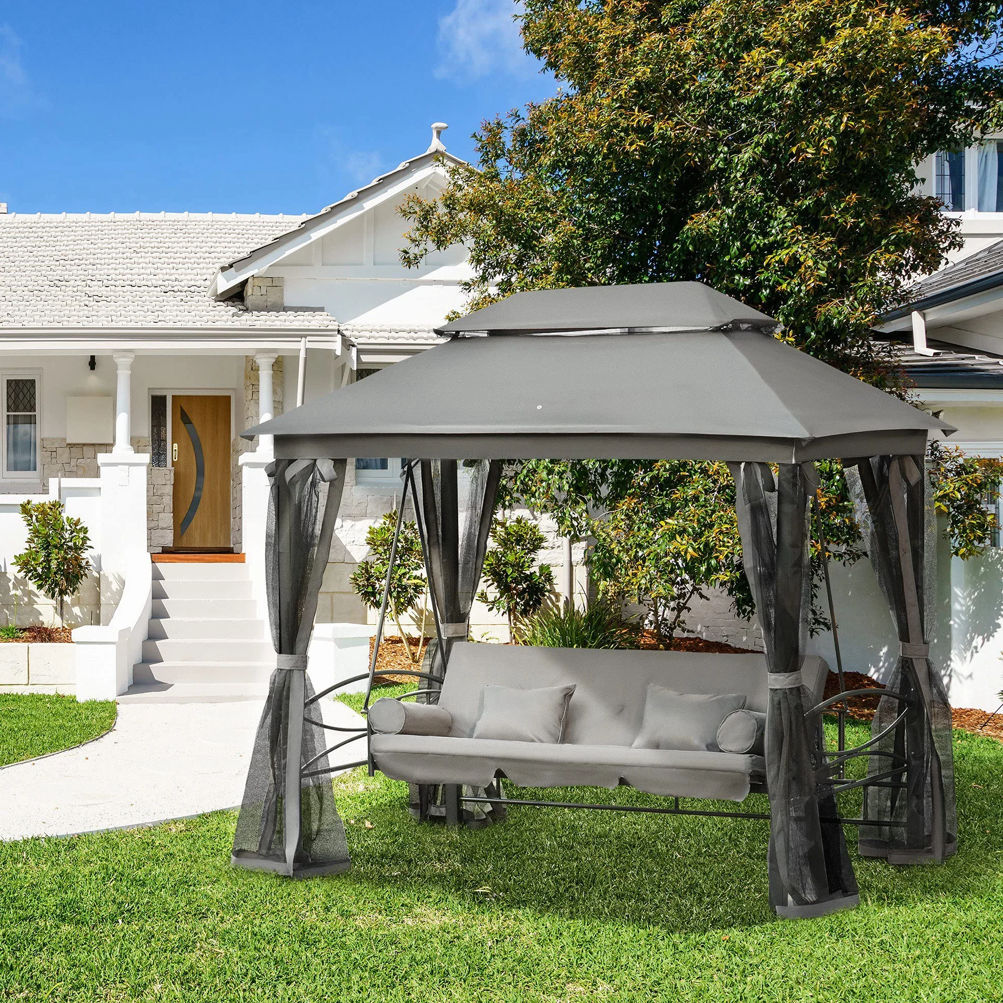 Outsunny Dondolo 3 Posti e Lettino Singolo Copertura a Gazebo con Zanzariera e Cuscini 256x172x248cm Grigio Scuro