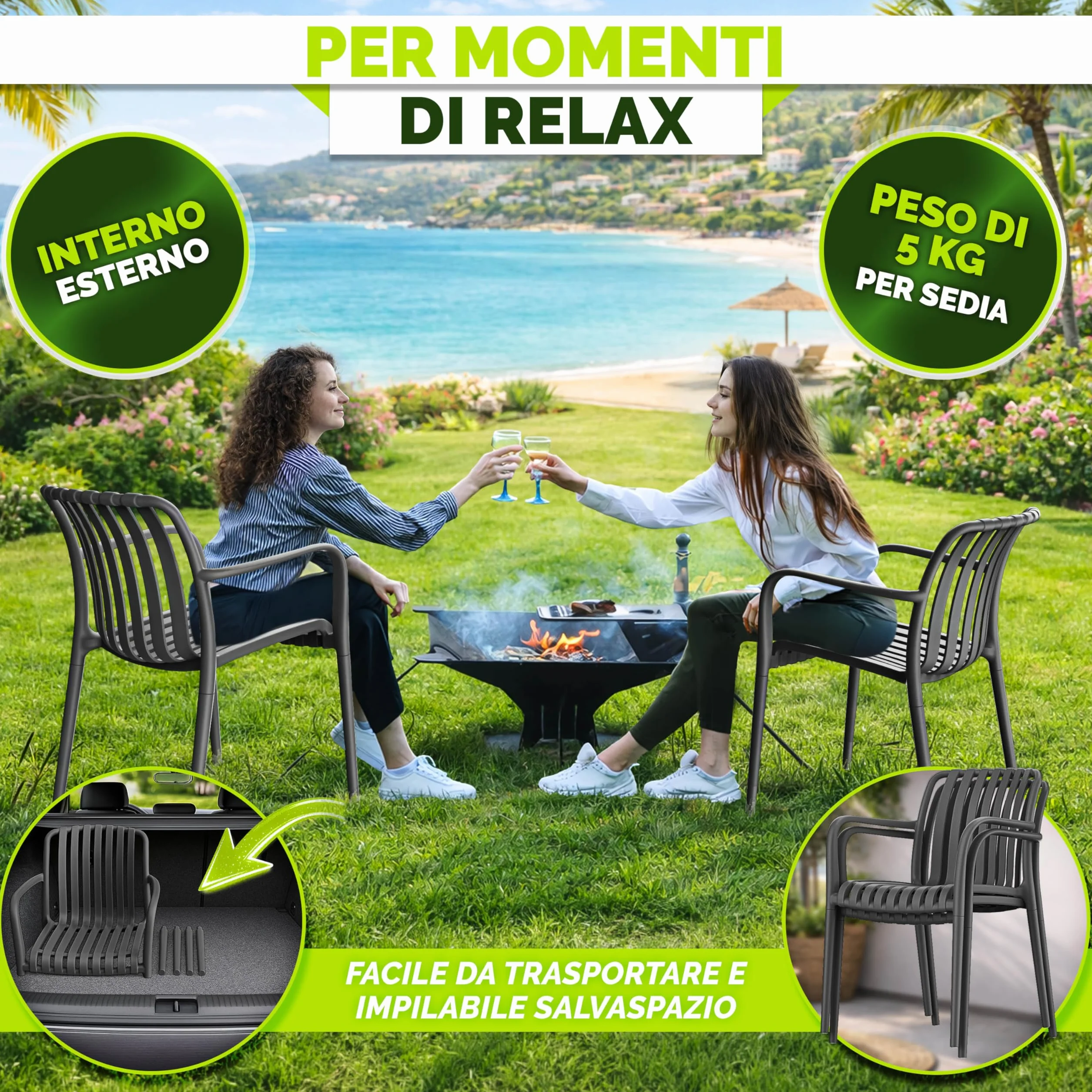 Tillvex Set di 4 Sedie da Giardino Impilabili Resistenti alle Intemperie 120 kg per Esterni Terrazzo Balcone
