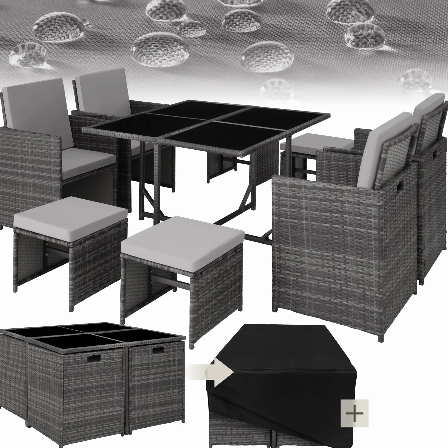 Set Mobili Rattan Bilbao 4 Sedie 4 Sgabelli Tavolo Acciaio Poly Rattan Giardino Terrazzo Grigio