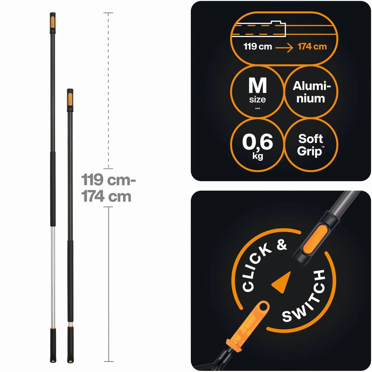 Fiskars OneClick Telescopic Manico M 119-179 cm Alluminio Nero Arancione