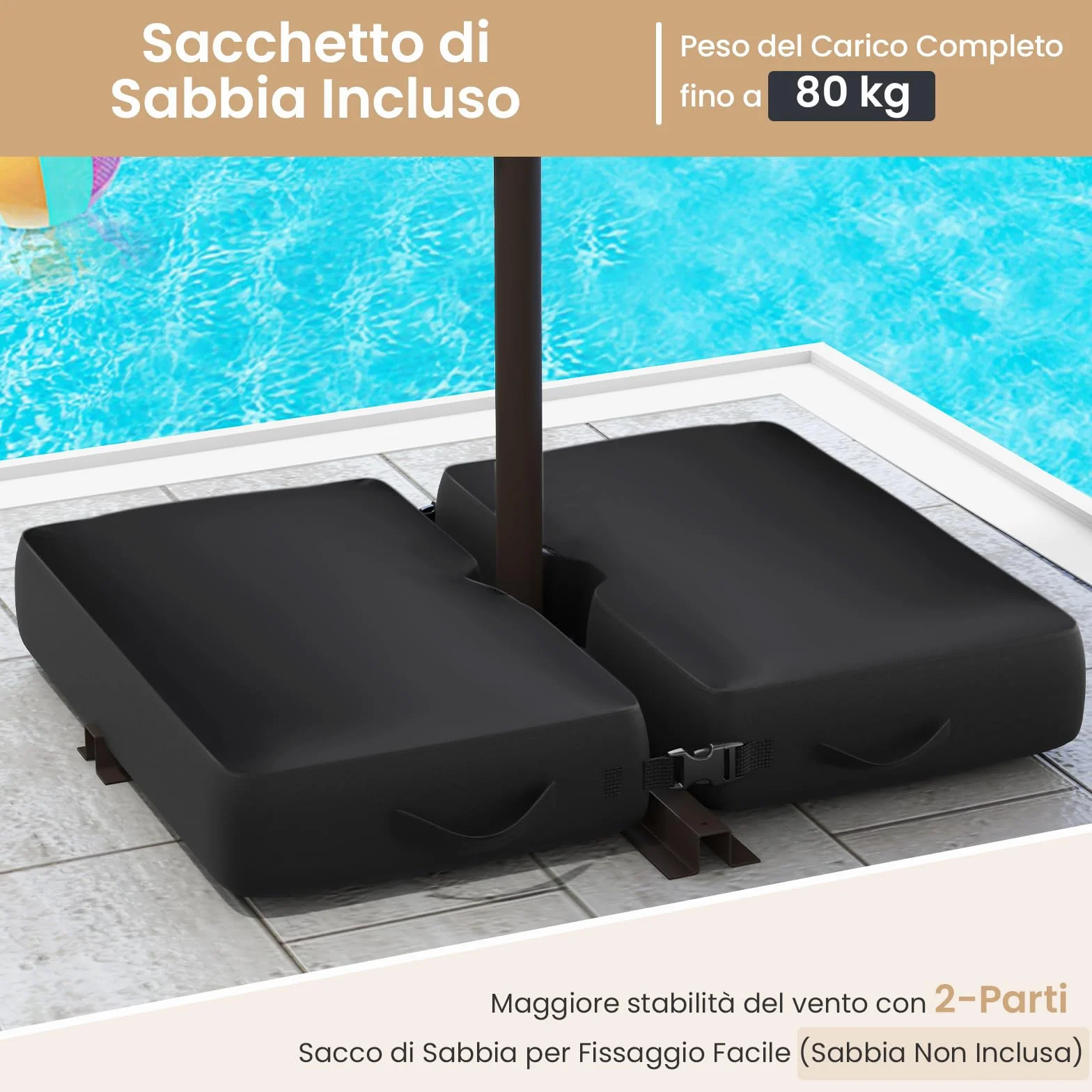 COSTWAY Ombrellone da Giardino 300 cm, Luci LED Solari, Anti-UV, Inclinazione Regolabile, Manovella, Beige