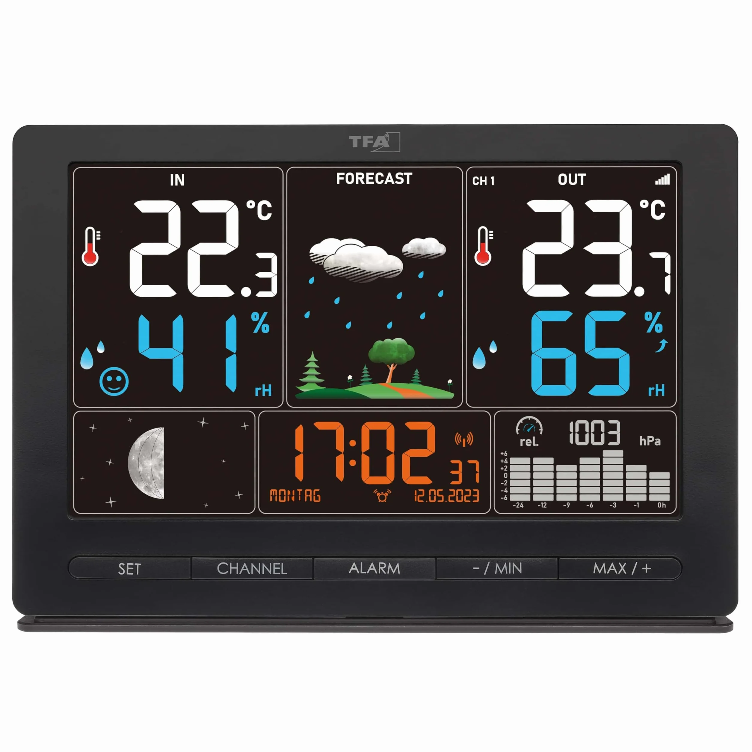 TFA Dostmann Stazione Meteo SEASON 2 con Sensore Esterno, Display Colori, Temperatura e Umidità, Nero