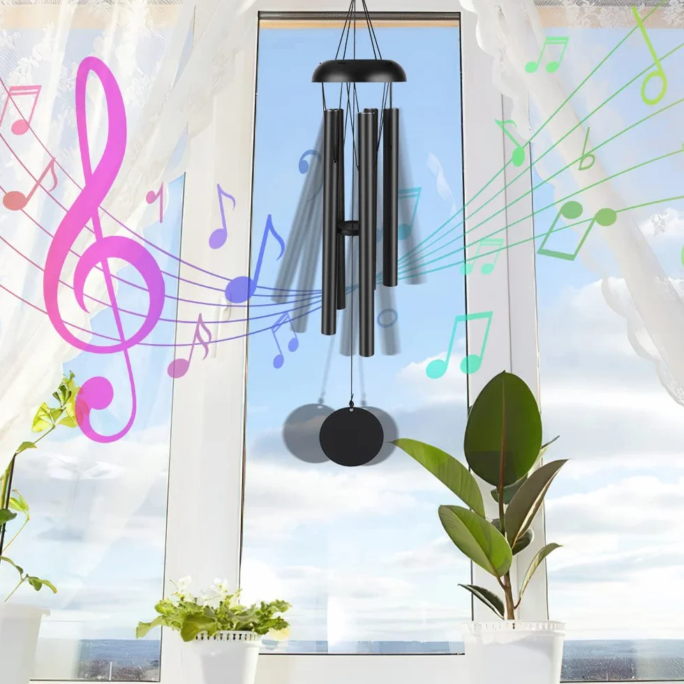 Victop campanelli eolici per esterni, campanelli eolici commemorativi da 80cm, 5 tubi cavi in alluminio, piacevole melodia, decorazioni classiche retrò (Nero)