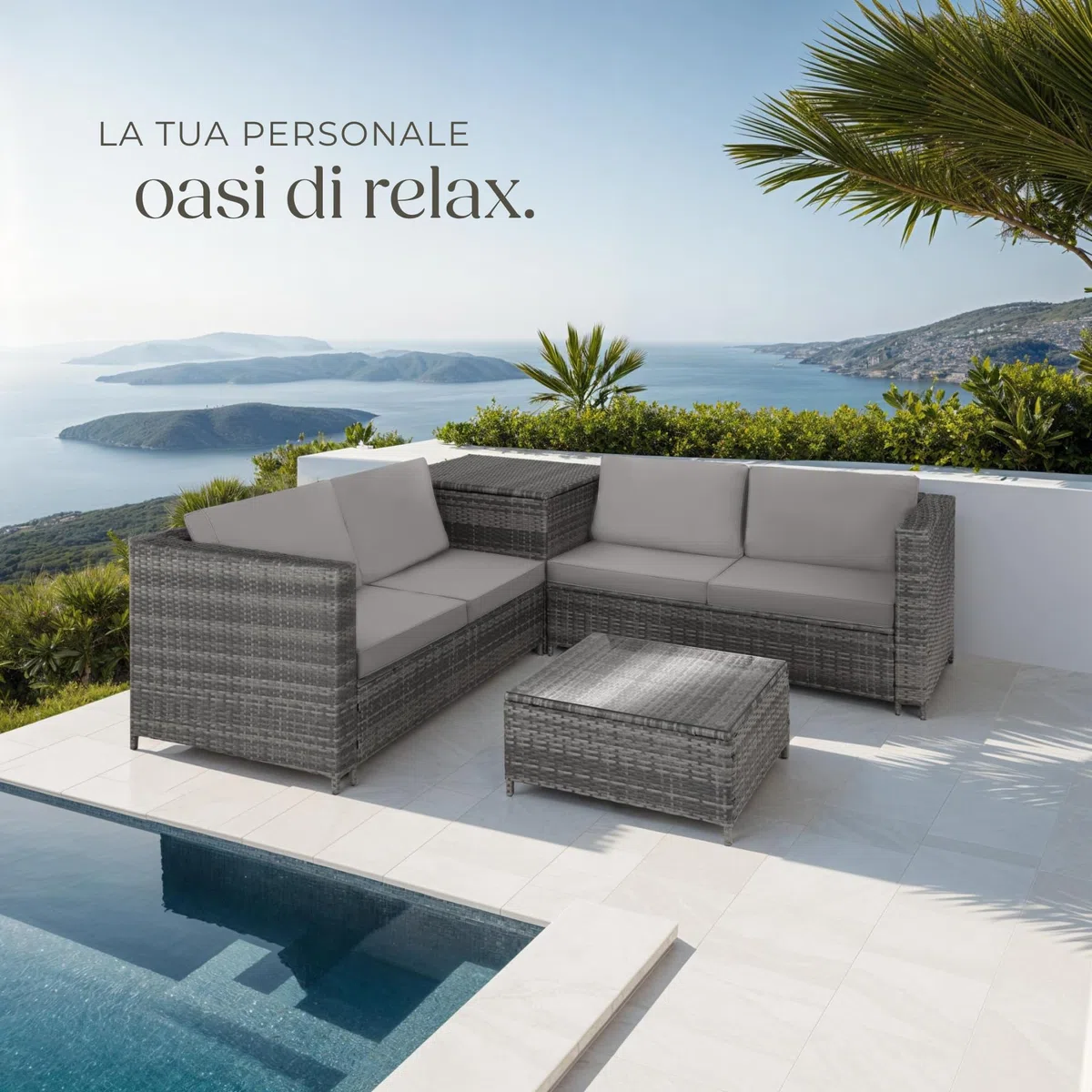 tectake® Salottino in Rattan, 2 Divani per Esterno con Cuscini, 1 Tavolo con Piano in Vetro, 1 Contenitore di Custodia, Salotto da Giardino Esterno, Salottino da Esterno - Grigio/Grigio Chiaro