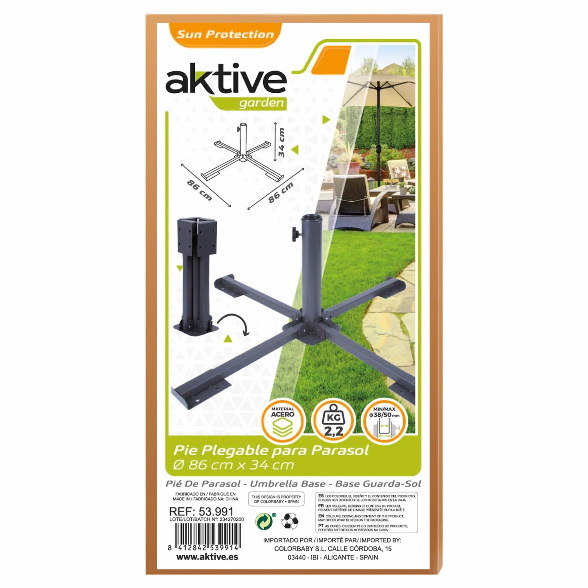 Aktive 53991 - Base ombrellone Pieghevole di Metallo 86x86x34 cm - Colore Nero