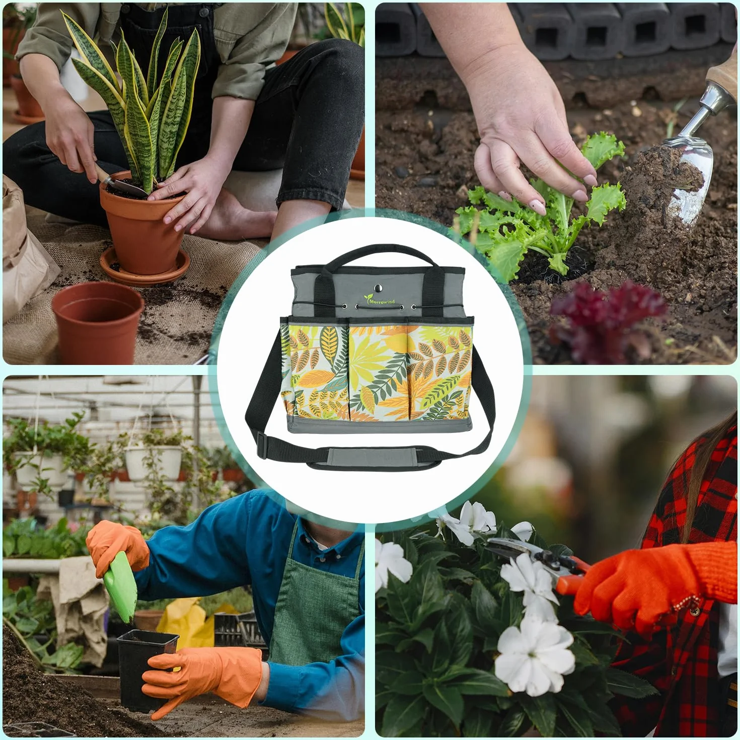 MORROWIND Borsa Attrezzi da Giardino in Tessuto Oxford, Tote con Tasche e Tracolla Regolabile Organizzatore Attrezzi con Tasca con Cerniera per Giardinaggio e Lavoro nel Prato, Verde Floreale