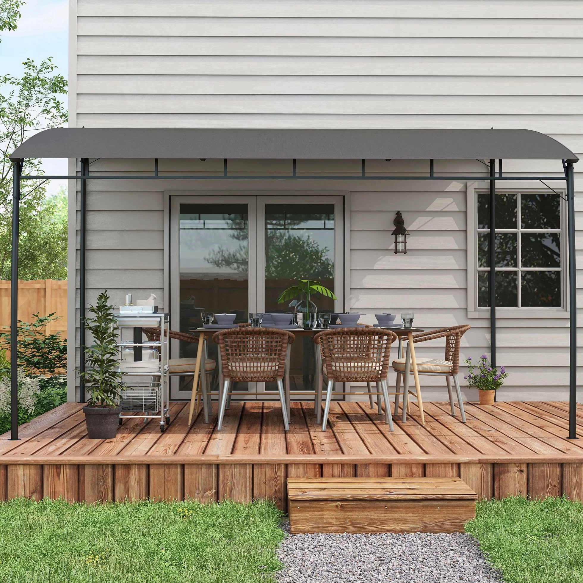 Outsunny Pergola Gazebo Metallica Tettuccio Poliestere 12 Fori Drenaggio 400x296x200/262 cm Grigio Scuro