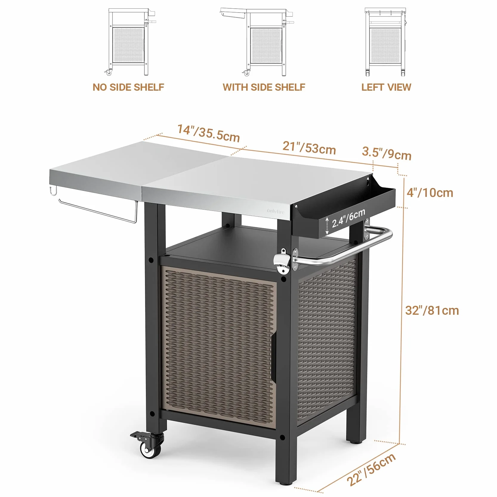 onlyfire Carrello per Barbecue da Giardino con Spazio Chiuso 88.5×56×91 cm