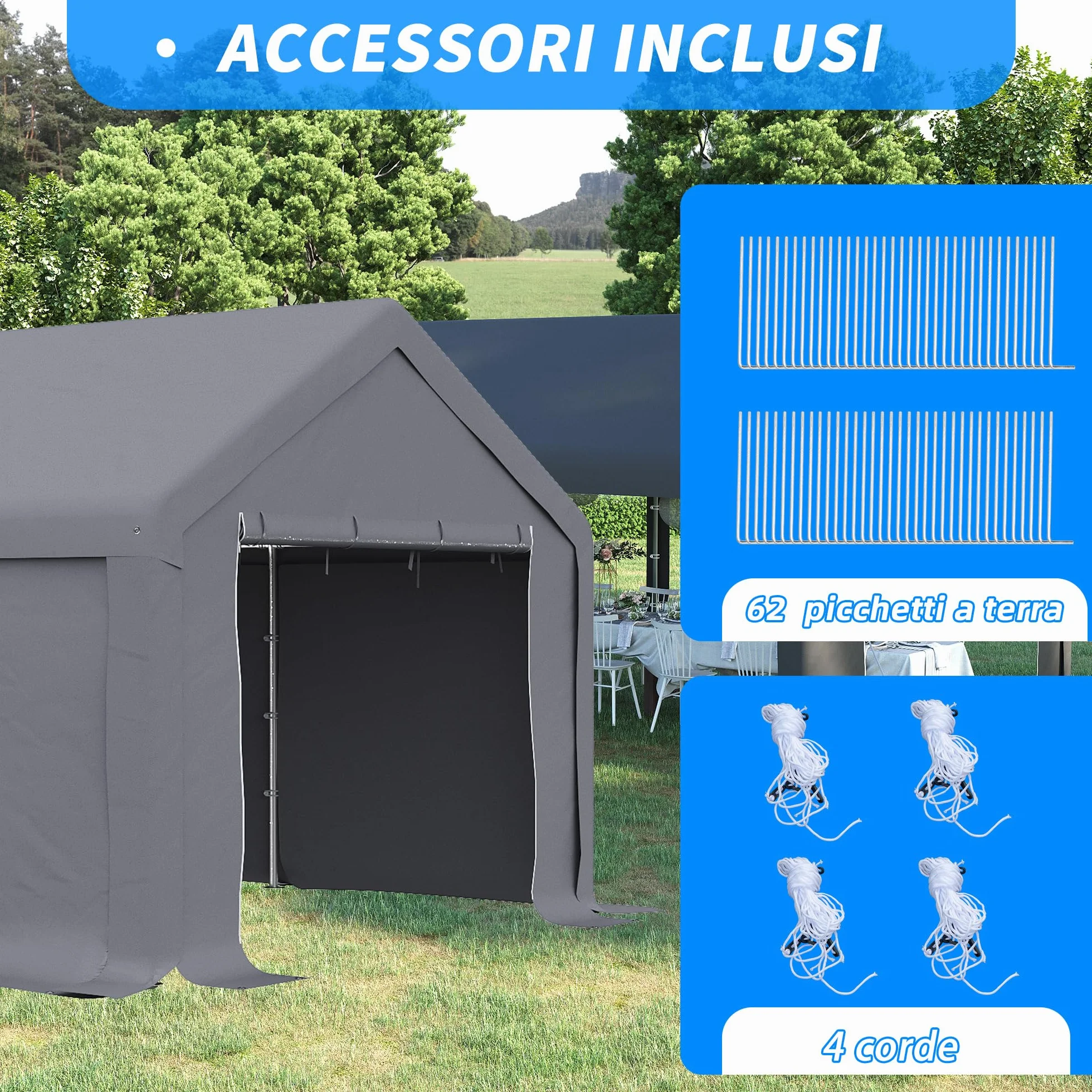 Outsunny Garage Auto Esterno 8x4m Porte Cerniera Tettoia Pannelli Removibili Telaio Acciaio Grigio Scuro